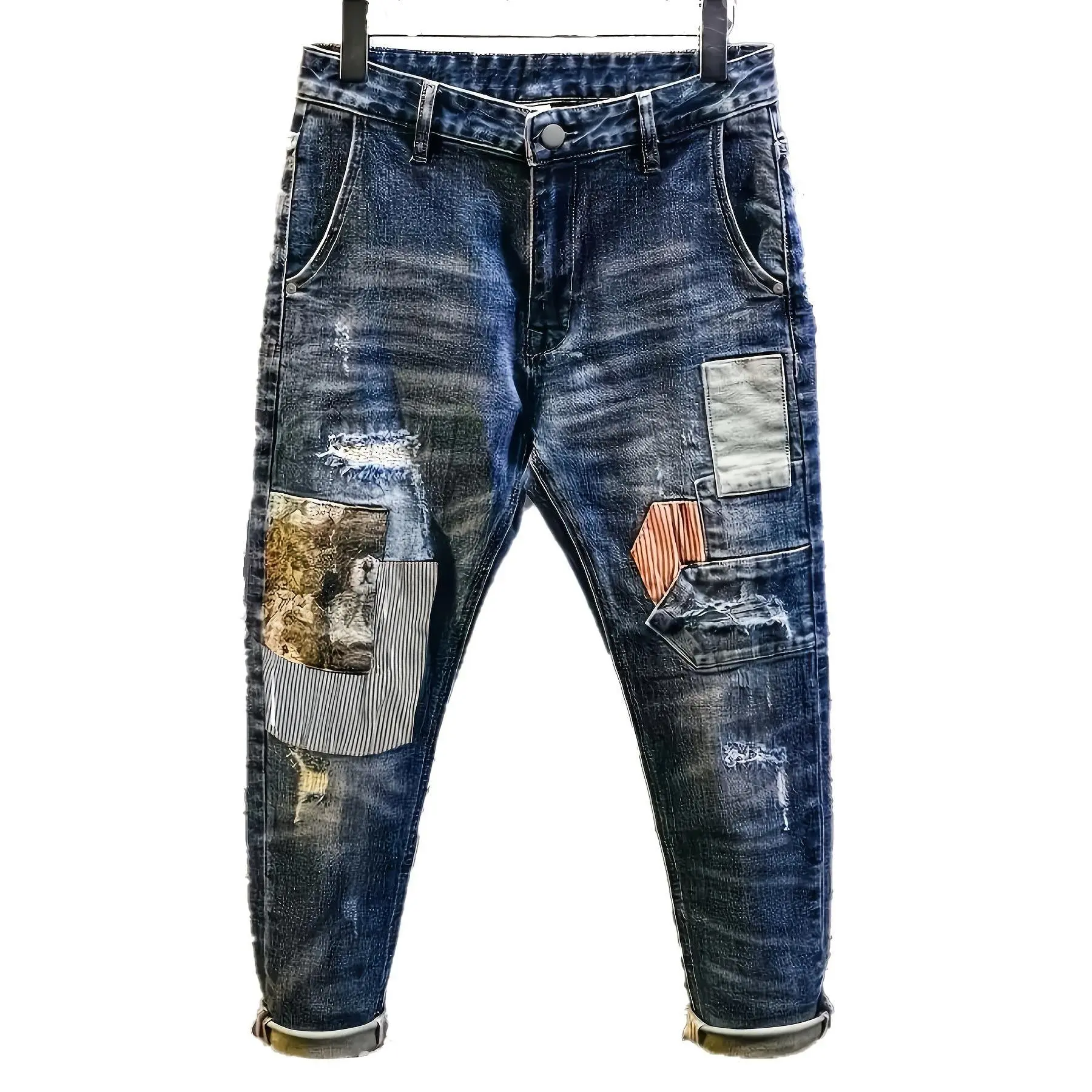 Men's Vintage Patchwork Ripped Denim Jeans, Cotton Spandex Blend Dark Wash Stretch Straight Fit Jeans, Retro Workwear Casual Daily Streetwear Trousers