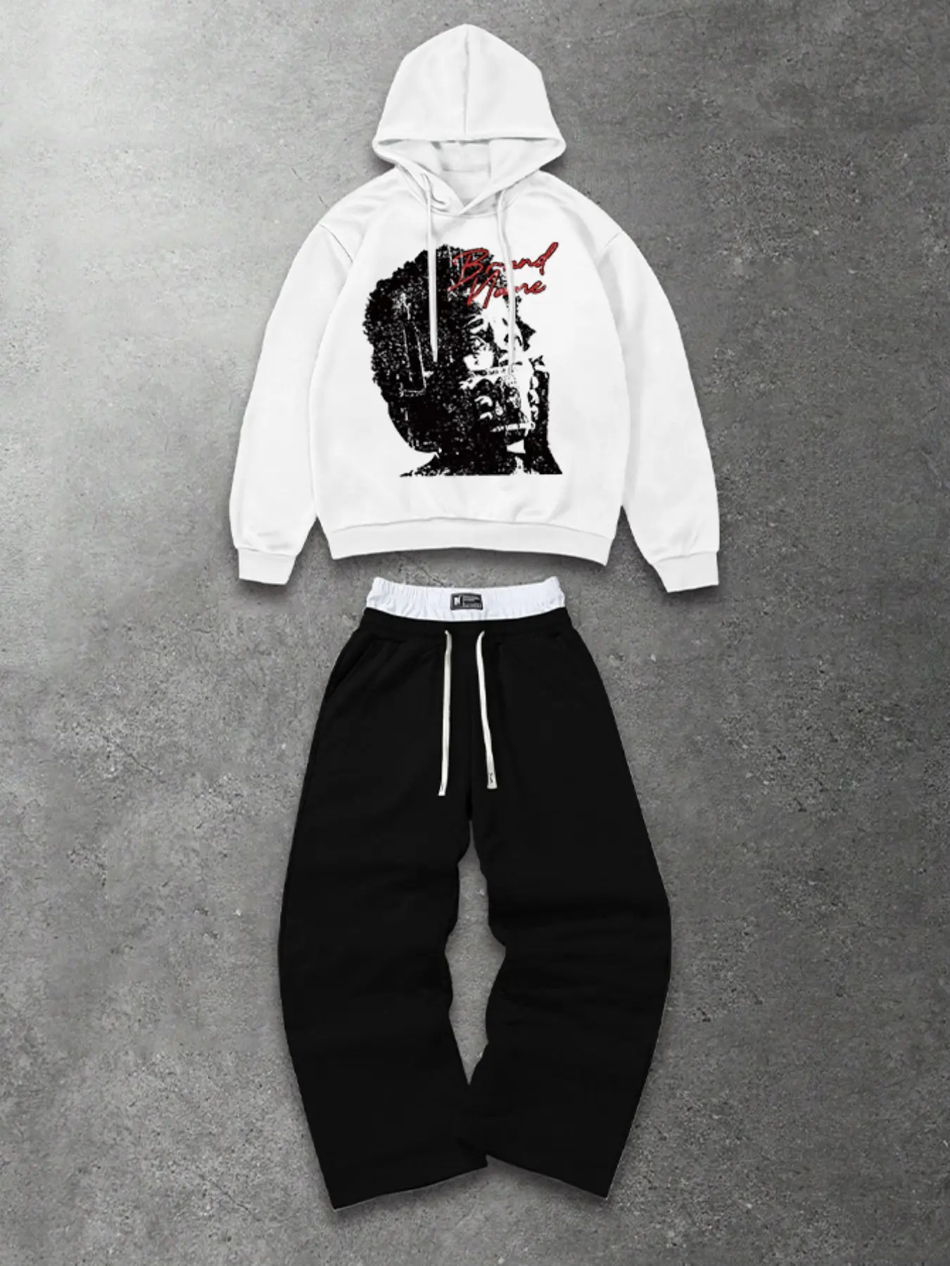 Hip‑Hop Men Sports Casual Matching Outfit Set Vintage Distressed Portrait & Slogan Print White Hoodie Black Regular Wide Leg Sweatpants Comfortable Stretchy 2 Piece Tracksuit For Weekend Gym Daily Street Outfit