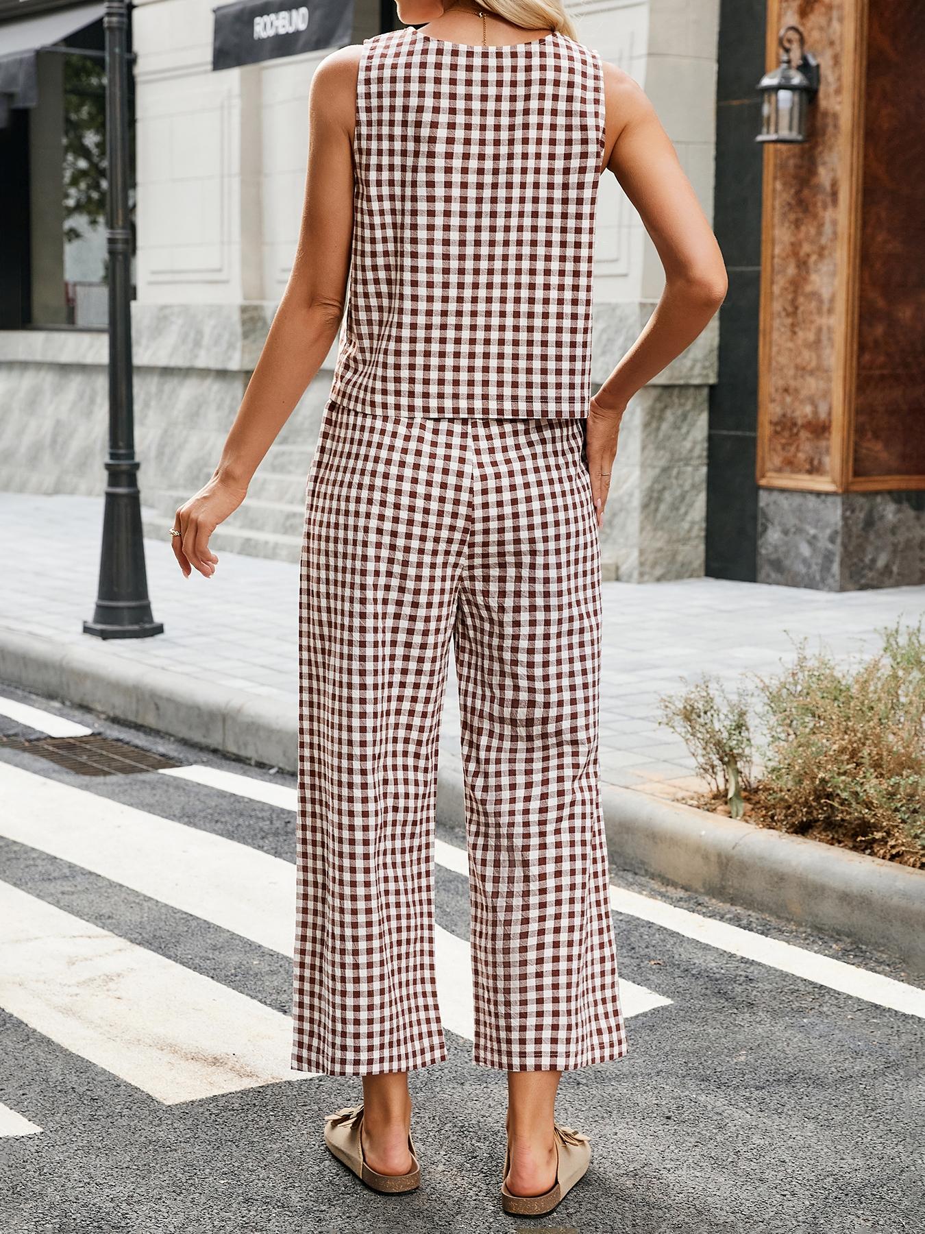 Women's Summer Plaid Vest Set, Elastic Waist Pocket Wide Leg Pants, Casual Comfortable Beach Vacation, Daily Wear, Casual Fashion Set Women's Summer Plaid Vest Set, Elastic Waist Pocket Wide Leg Pants, Casual Comfortable Beach Vacation, Daily Wear, Casual Fashion Set
