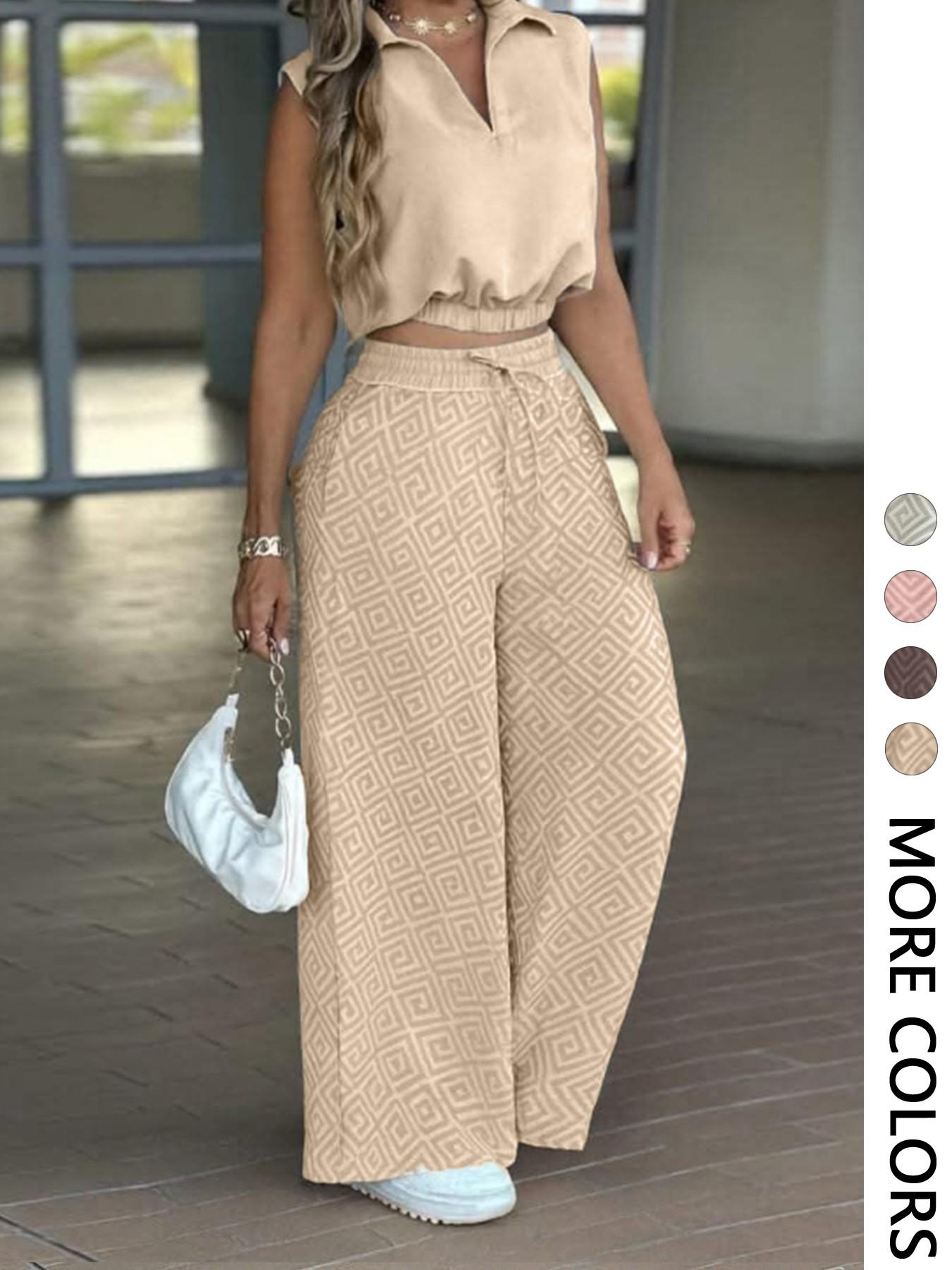 2-Piece Women's Casual Commuter Set, Sleeveless Collared Waist-Defined Crop Top with High-Waisted Drawstring Wide-Leg Pants 2-Piece Women's Casual Commuter Set, Sleeveless Collared Waist-Defined Crop Top with High-Waisted Drawstring Wide-Leg Pants