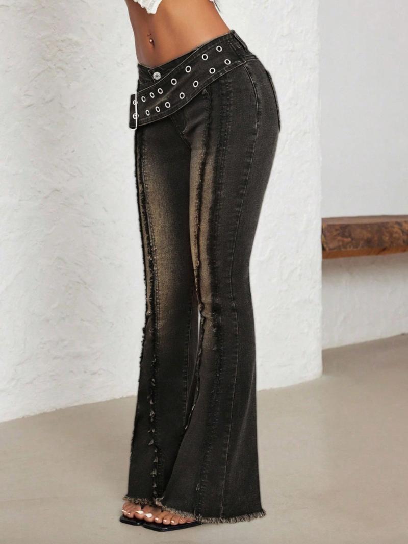 Women's Low Waist Bell-Bottom Jeans With Big Sun Logo Button And Eyelets Big Belt，Bootcut Jeans,Comfortable Stretch Denim Jeans，Patchwork Fringe Washed Vintage Long Pants, Casual Denim Trousers for Everyday Wear