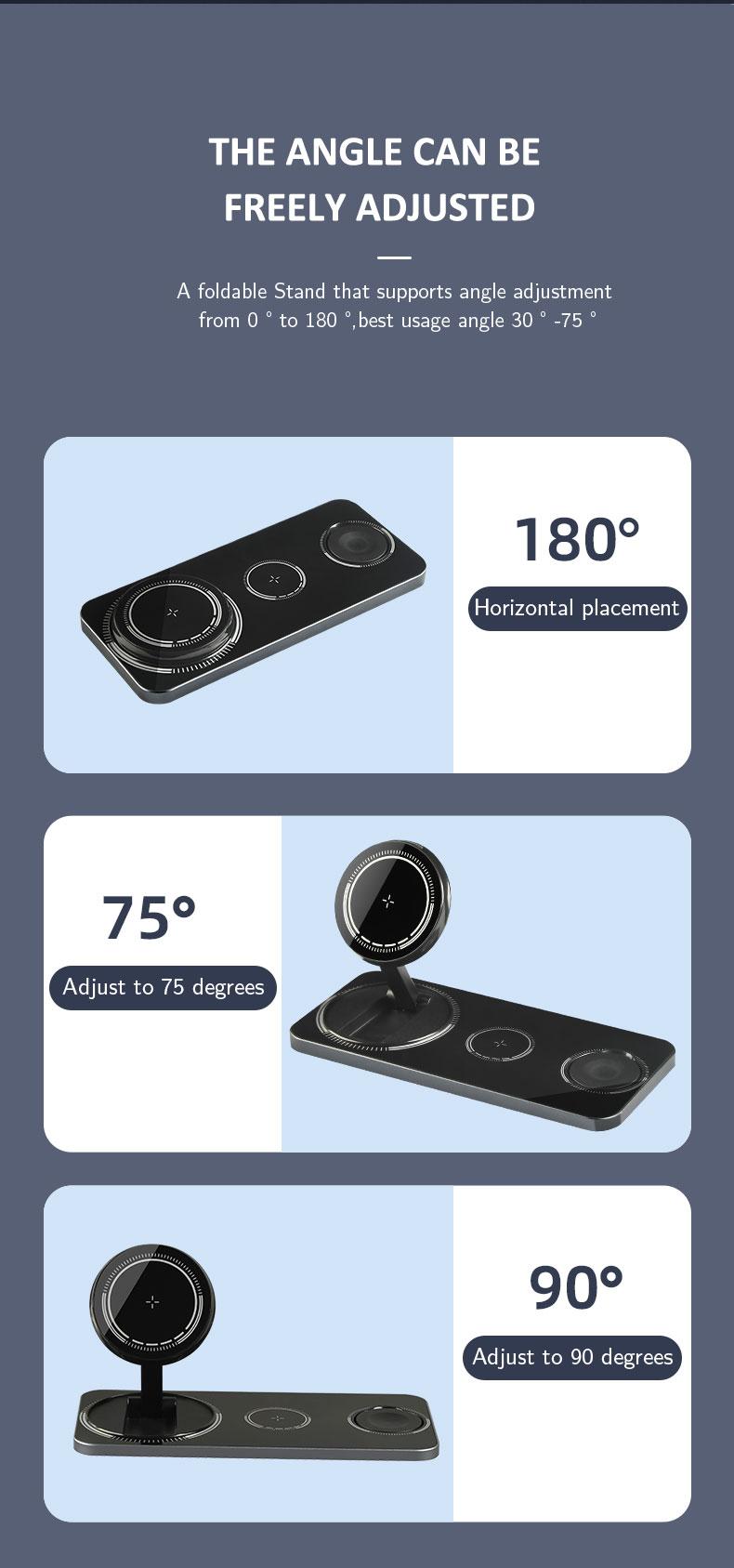 3 in 1 Wireless Charger Dock Station Foldable Max 15W Fast Charging with Magsafe Wireless Charger for iPhone12/13/14/15/16 Series for AirPods iWatch Series Wireless Charger