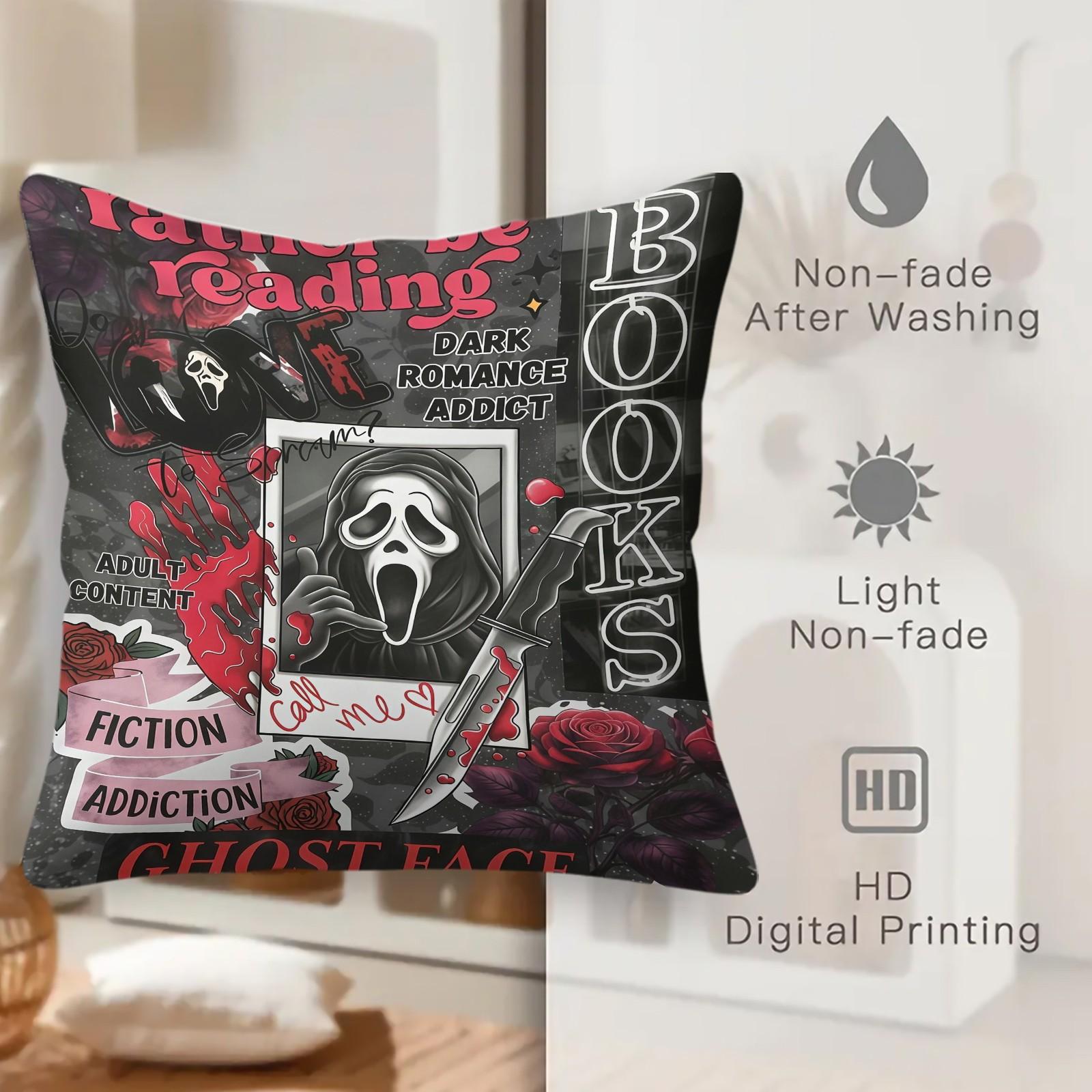 18x18 Inch Scream Ghostface Throw Pillow, Dark Romance Addict Horror Movie Book Lover Decorative Cushion, Spooky Halloween Sofa Bedroom Decor, Perfect Gift for Movie Fans & Bookworms
