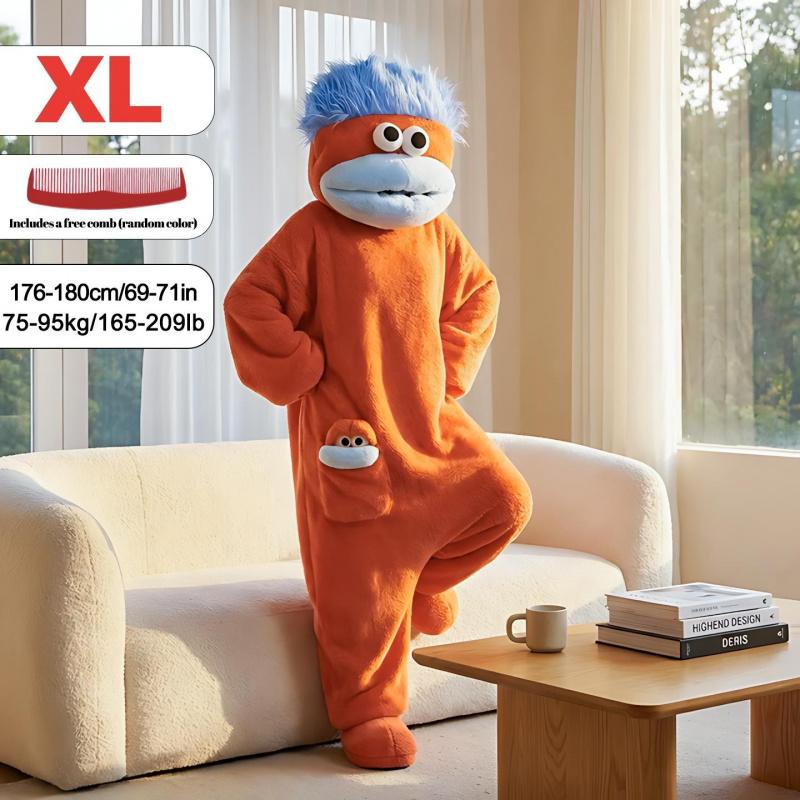 Funny Onesie Party, Comfortable Hooded Flannel Pajama Set, 3-Piece Includes Pajamas Comb Shoe Covers, Cute Monster Design