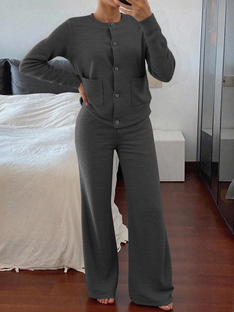 Women's Casual Comfortable Round Neck Long Sleeve Knit Sweater Set, High Waist Versatile Wide Leg Pants, 2 Piece
