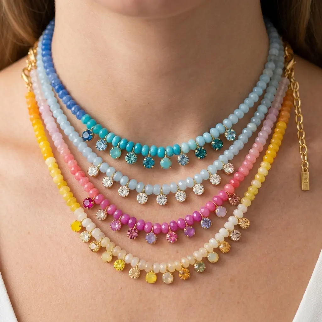 Loveden European American Bohemian Beaded Necklace for Women, Dopamine Color Natural Stone Beads with Gradient Zircon Pendant, Fashion Layerable Casual Collarbone Chain, Perfect Beach Travel Daily Vacation Holiday Gift for Her