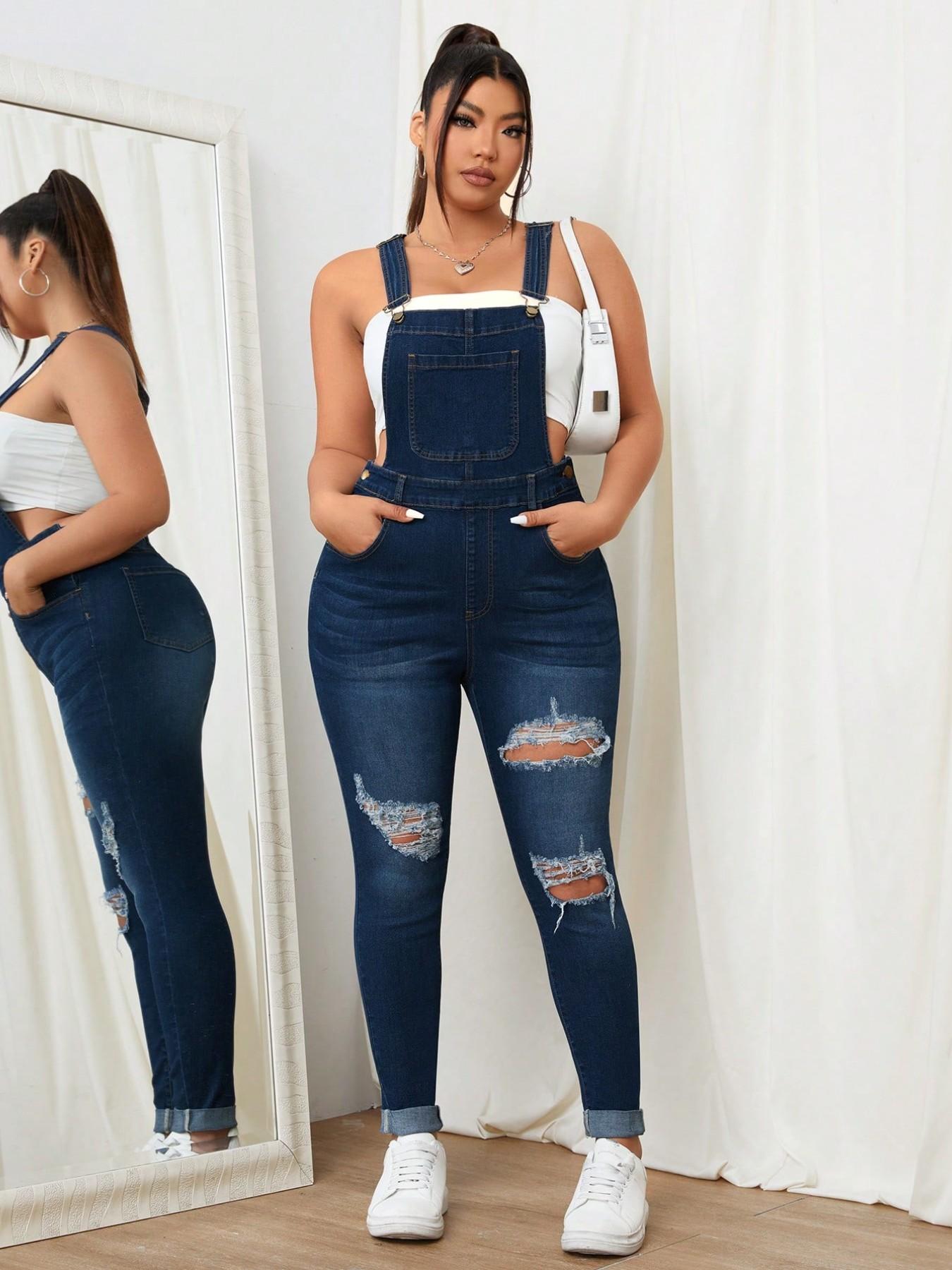 Women's Sweet Cool Denim Strap Jumpsuit, Boho Ripped Design Loose Fit Slimming Overall, Dark Color Casual Home Essential Bohemian Womenswear