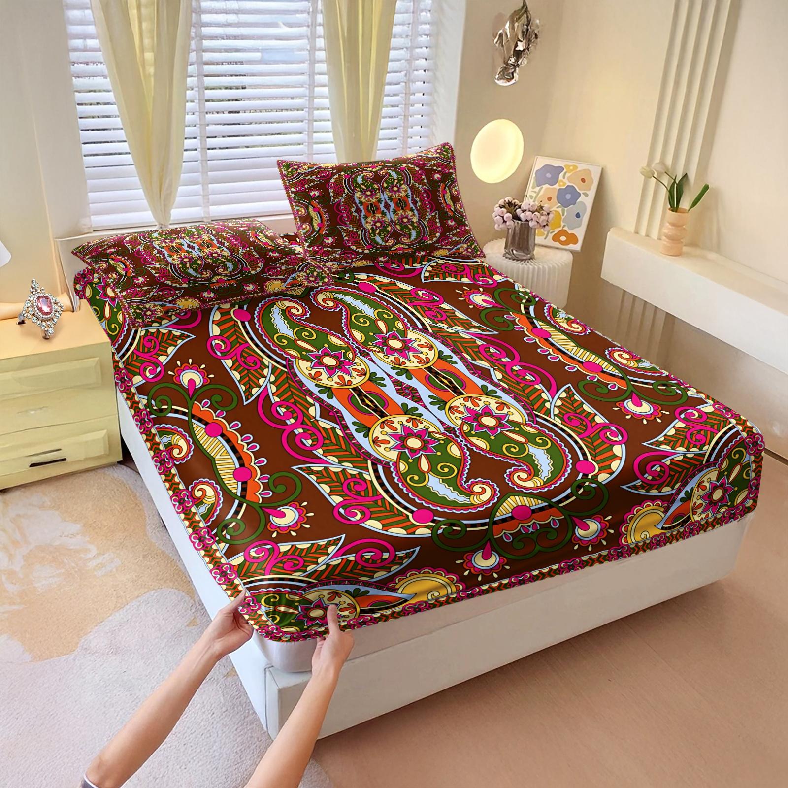 3Pcs Boho Paisley Printed Fitted Sheet Set, Vibrant Ethnic Style Bedding Set, Ultra-Soft Breathable Microfiber Bed Sheet Set, Deep Pocket All-Season Bed Linen, Ideal for Bedroom, Guest Room, Dorm Decor, Home Use