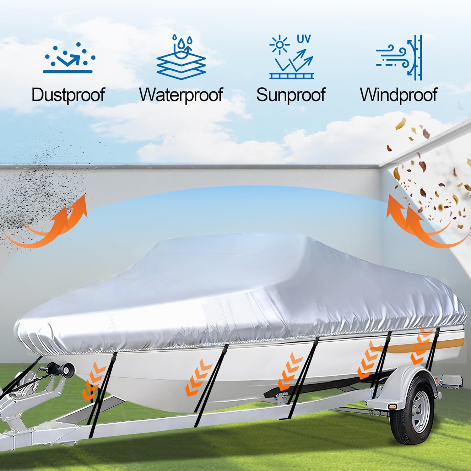 Trailerable PVC Coated Boat Cover - 16'-18.5' Heavy Duty Waterproof Tarp with Storage Bag, Fits V-Hull, Fish&Ski, Runabout (Up to 18.5ft L x 94in W), UV Resistant for Mooring, Trailering, Boat Storage, Pvc Coating