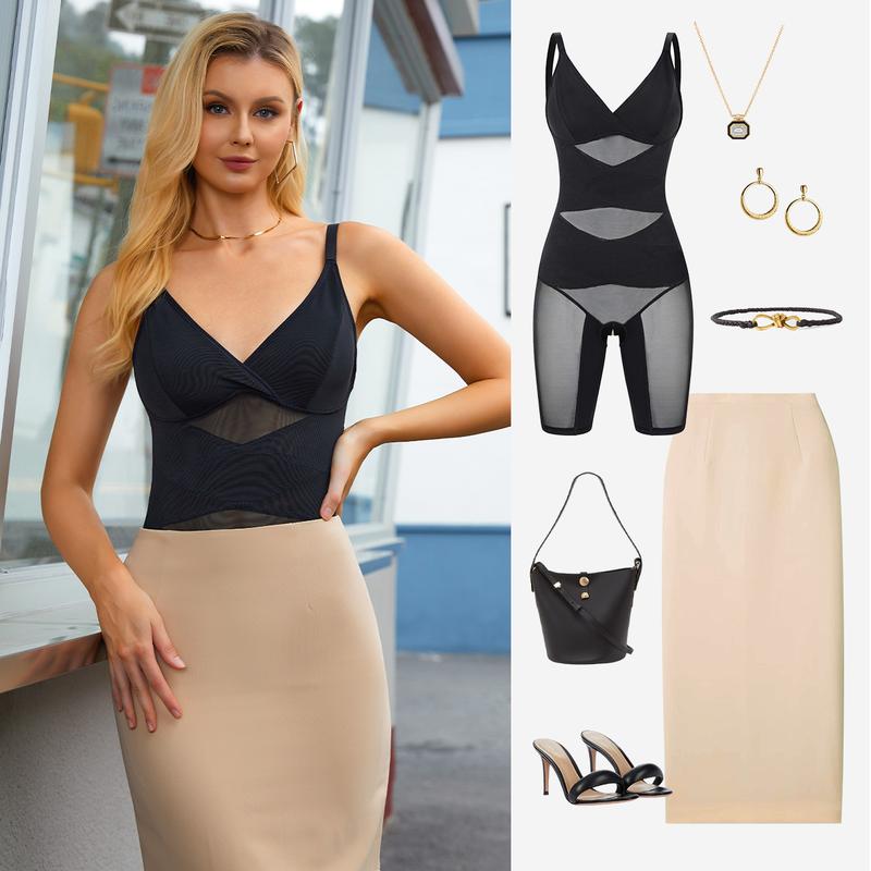 Nebility Women's V-Neck Mesh Bodysuit – Breathable Cut-Out Design, Crossover Fitness Belt & Strong Core Control with Built-In Chest Support Basic Shapewear Womenswear