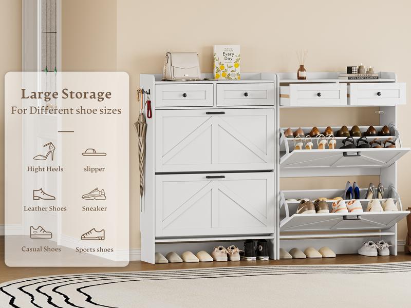 Shoe Storage Cabinet for Entryway, Farmhouse Narrow Shoe Cabinet with 2 Flip Drawers & Top Drawers, Adjustable Shelves & Hooks, Freestanding Hidden Rack Organizer for Hallway, Foyer