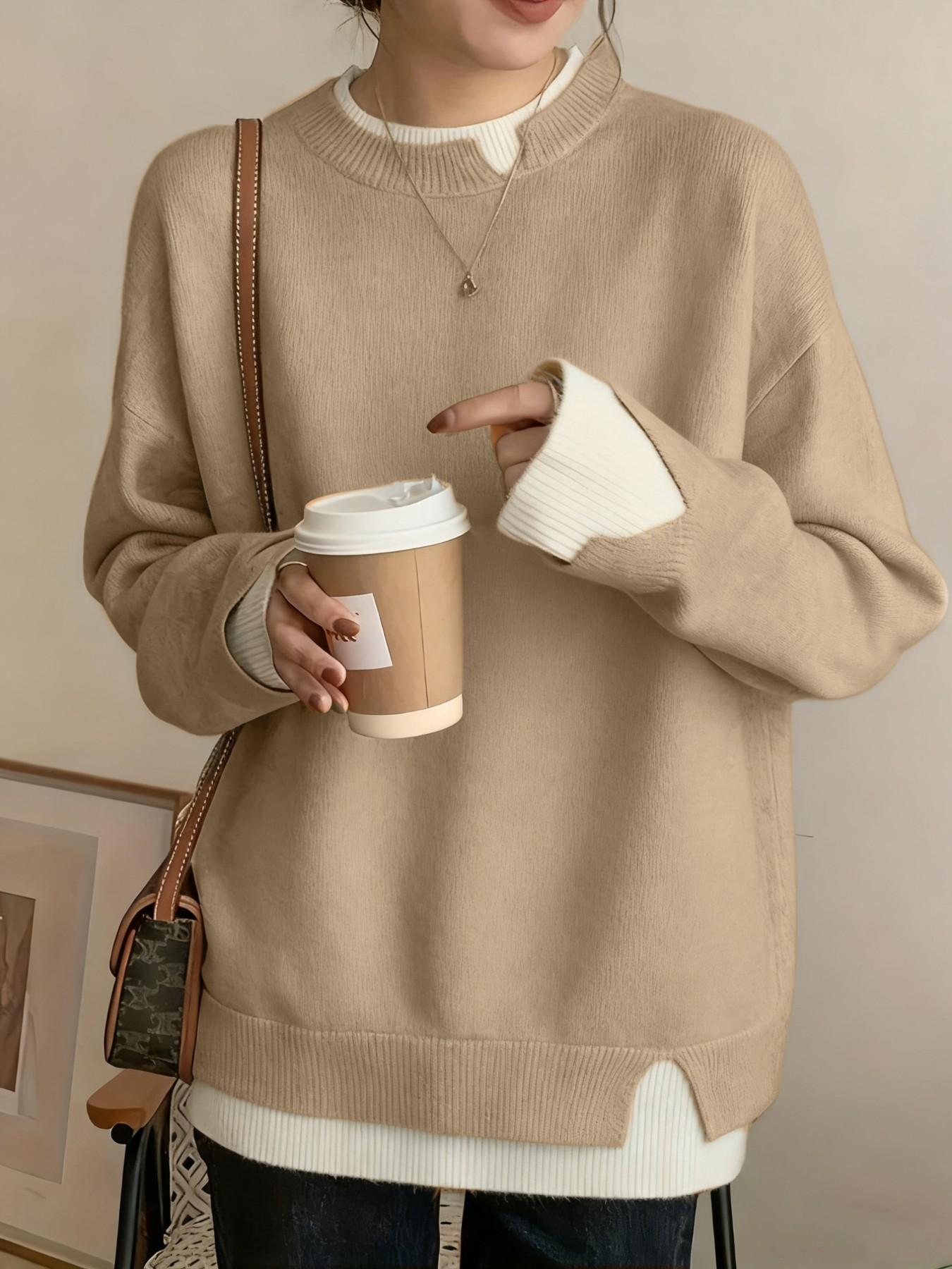 Women's Plus Size Fit Two-Piece Colorblock Long Sleeve Knit Pullover Sweater Knitwear, Elegant Casual Fashion for Spring Summer Fall Winter