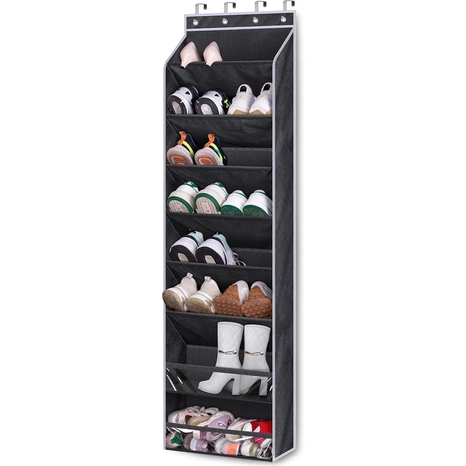 Shoe Rack Organizer - Over-the-Door Hanging Rack, Fabric-Vinyl Single Unit, Functional Home Organizer for 20 Pairs of Sneakers & Boots, Black