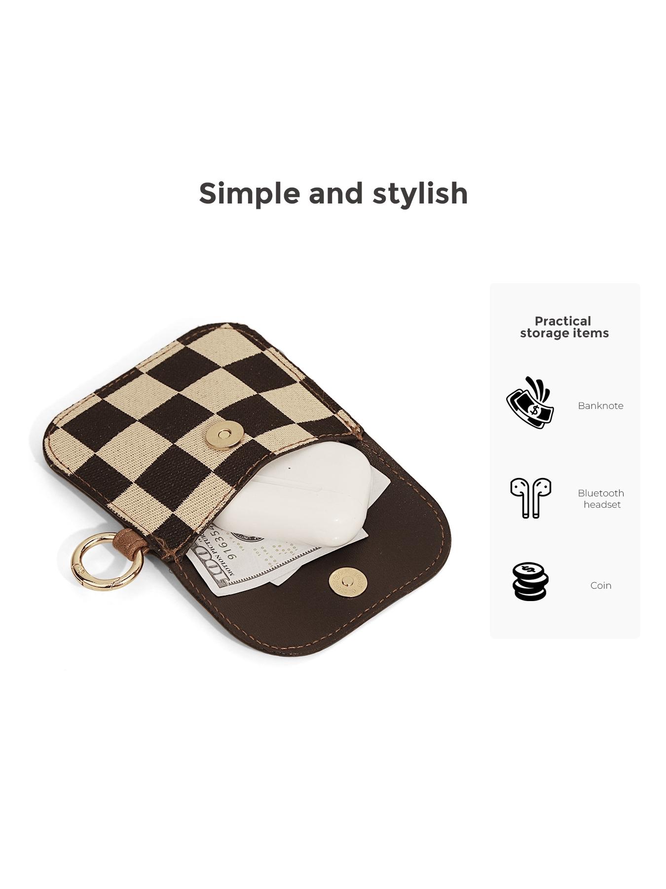 Checkered Small Coin Purse , Mini Earbud Case with Carabiner, Portable Earphone Case Headphone Protective Storage Pouch Bag, Earbud Holder