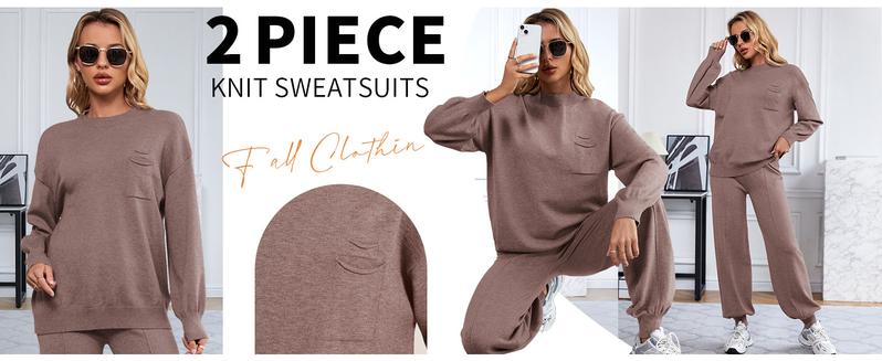 SuperPrity Two Piece Sweater Set for Women Casual Long Sleeve Outfits Crew Neck Pullover Top with Sweatpants Knit Jogger Set