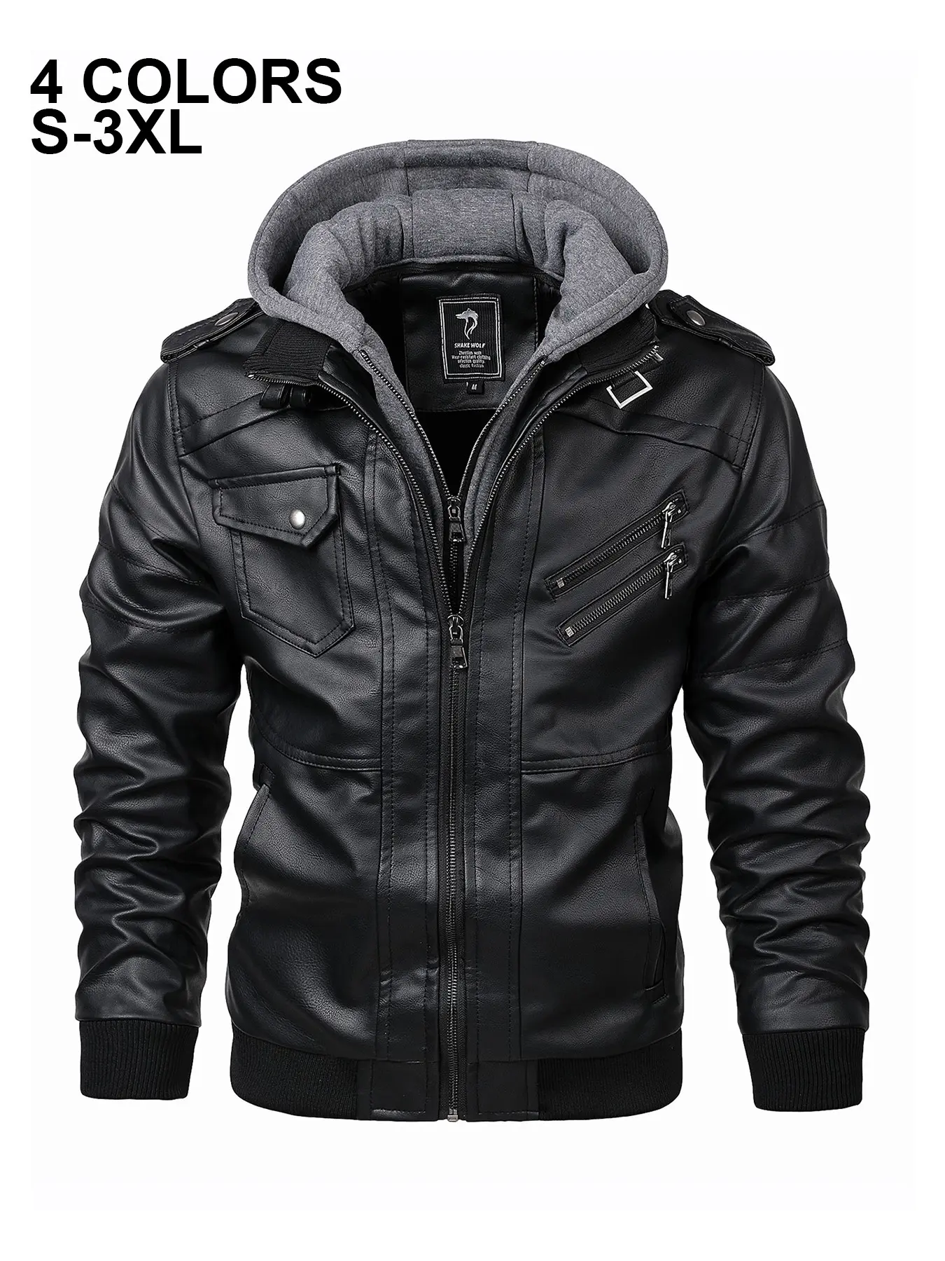 Mens Detachable Hood Faux Leather Biker Jacket, Padded PU Motorcycle Bomber Coat with Epaulets, Multi‑Zip‑Pockets Zip‑Up Casual Winter Outerwear for Riding & Daily Wear, S‑3XL Multiple Colours, Outdoor Hooded Jacket
