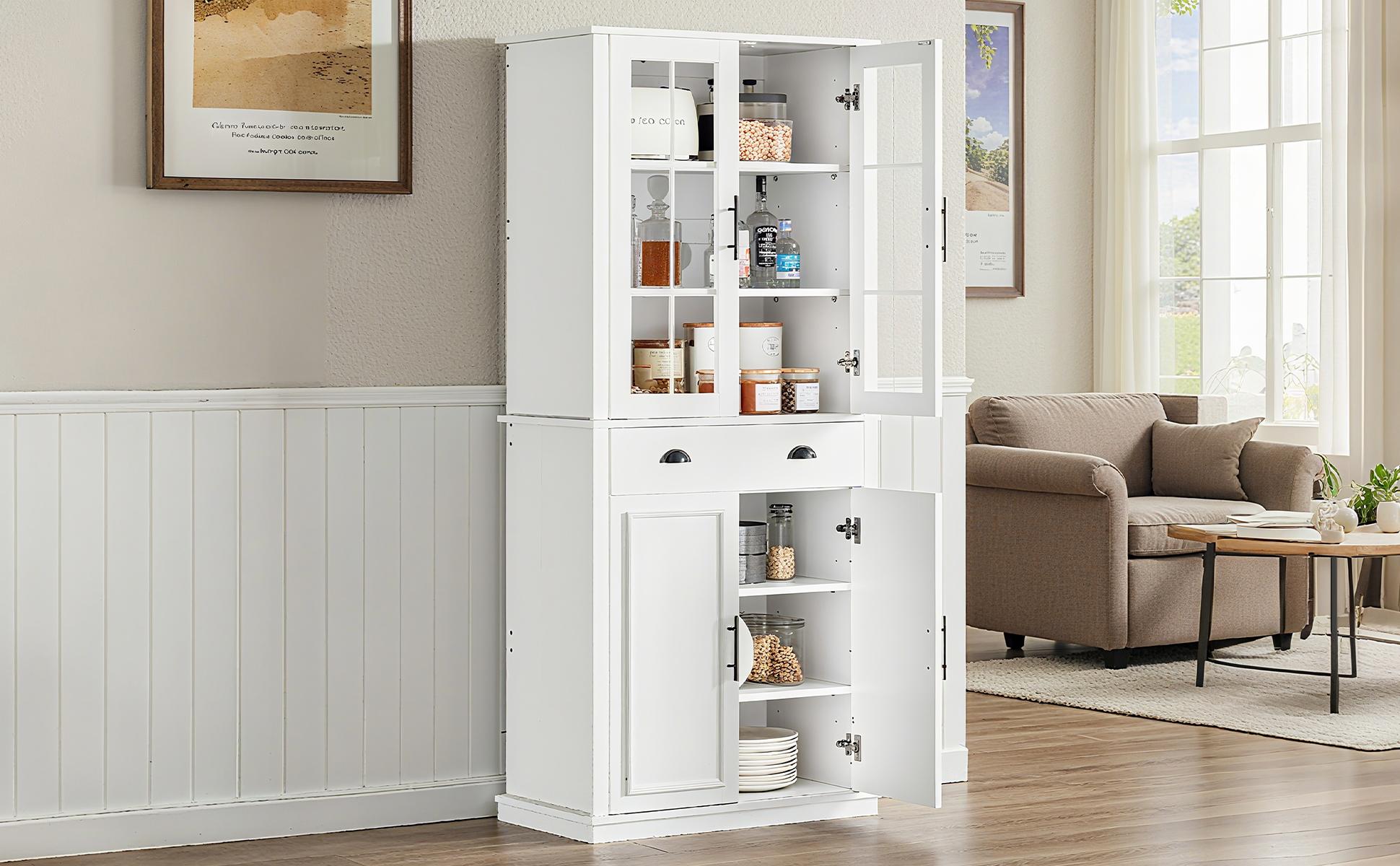 【2 Packages Shipping】IRONCK Kitchen Pantry Cabinet 72" Height, Freestanding Cupboard with Drawer, Sliding Storage Rack, and 6 Hanging Shelves for Dining Room, Laundry
