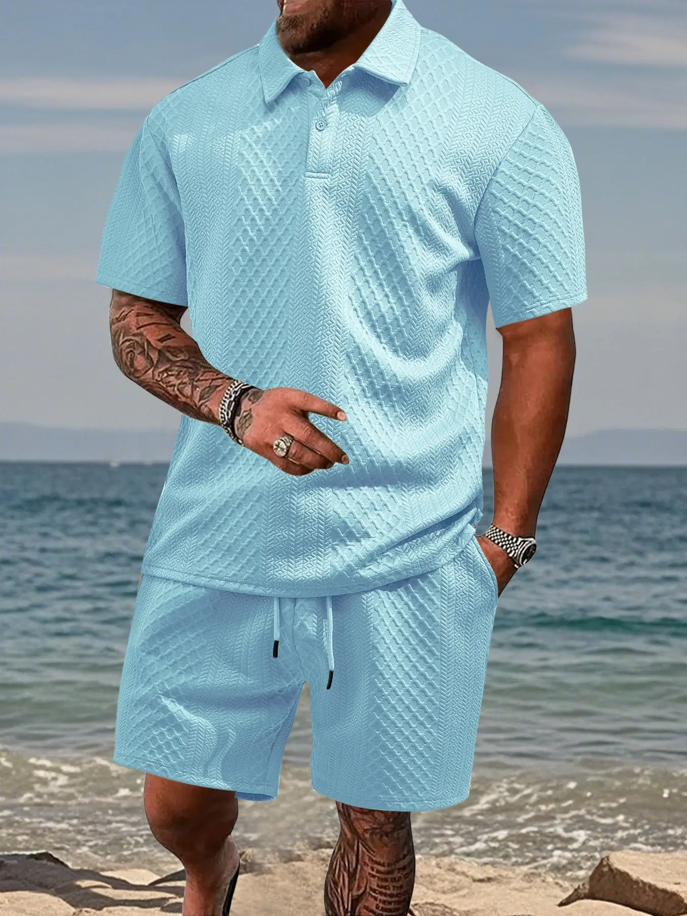Please Purchase A Size Up. Men's Solid Casual Polo Shirt & Drawstring Waist Shorts Set, Cozy Breathable Two-piece Outfits for Daily Outdoor Wear, Men Clothes for Summer.