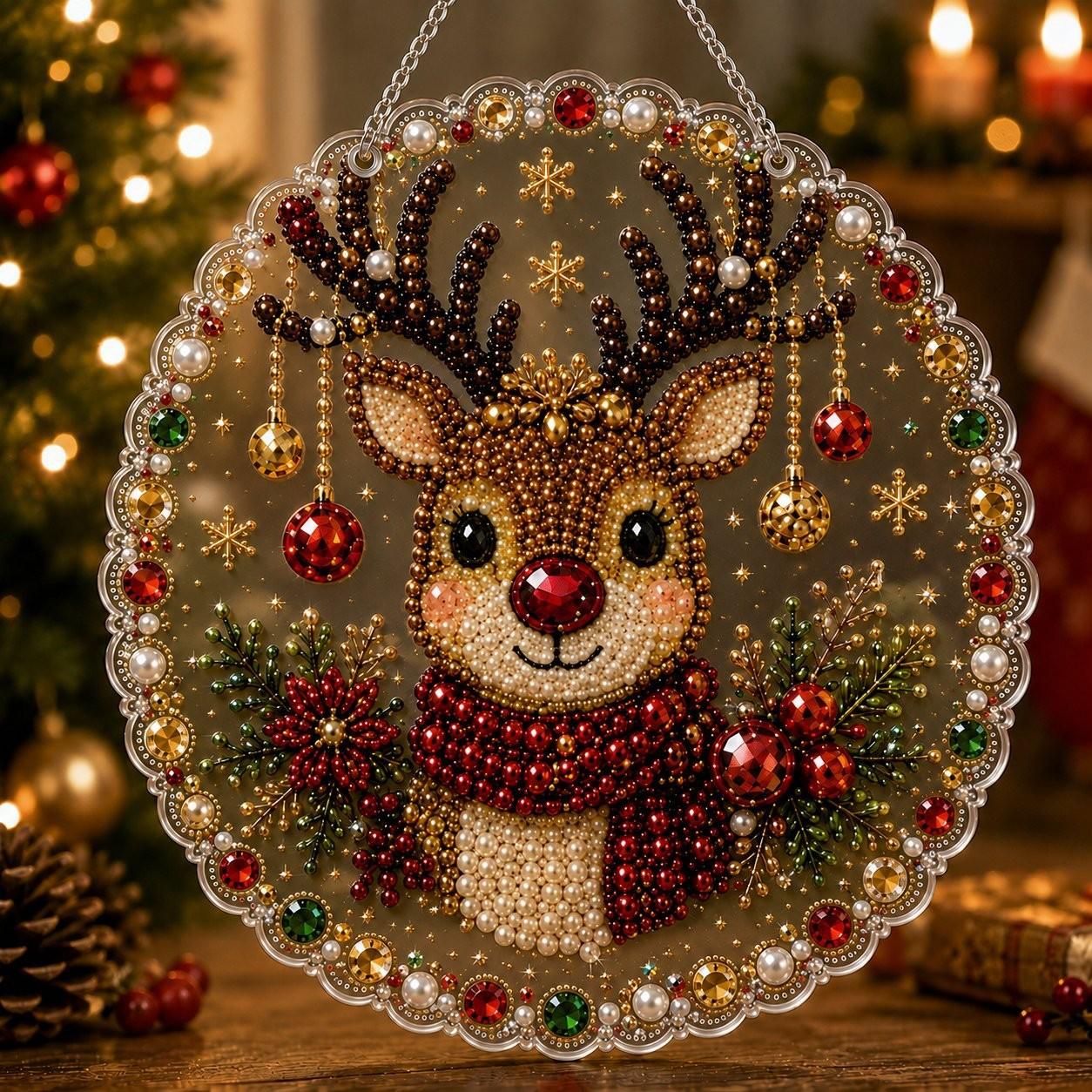 Christmas Pearl Diamond Painting Kit, Handmade, 10 Inch, Pre-Assembled Metal Chain, Acrylic Round Board with Lace Edge, 3D Pearls, Holiday Decor