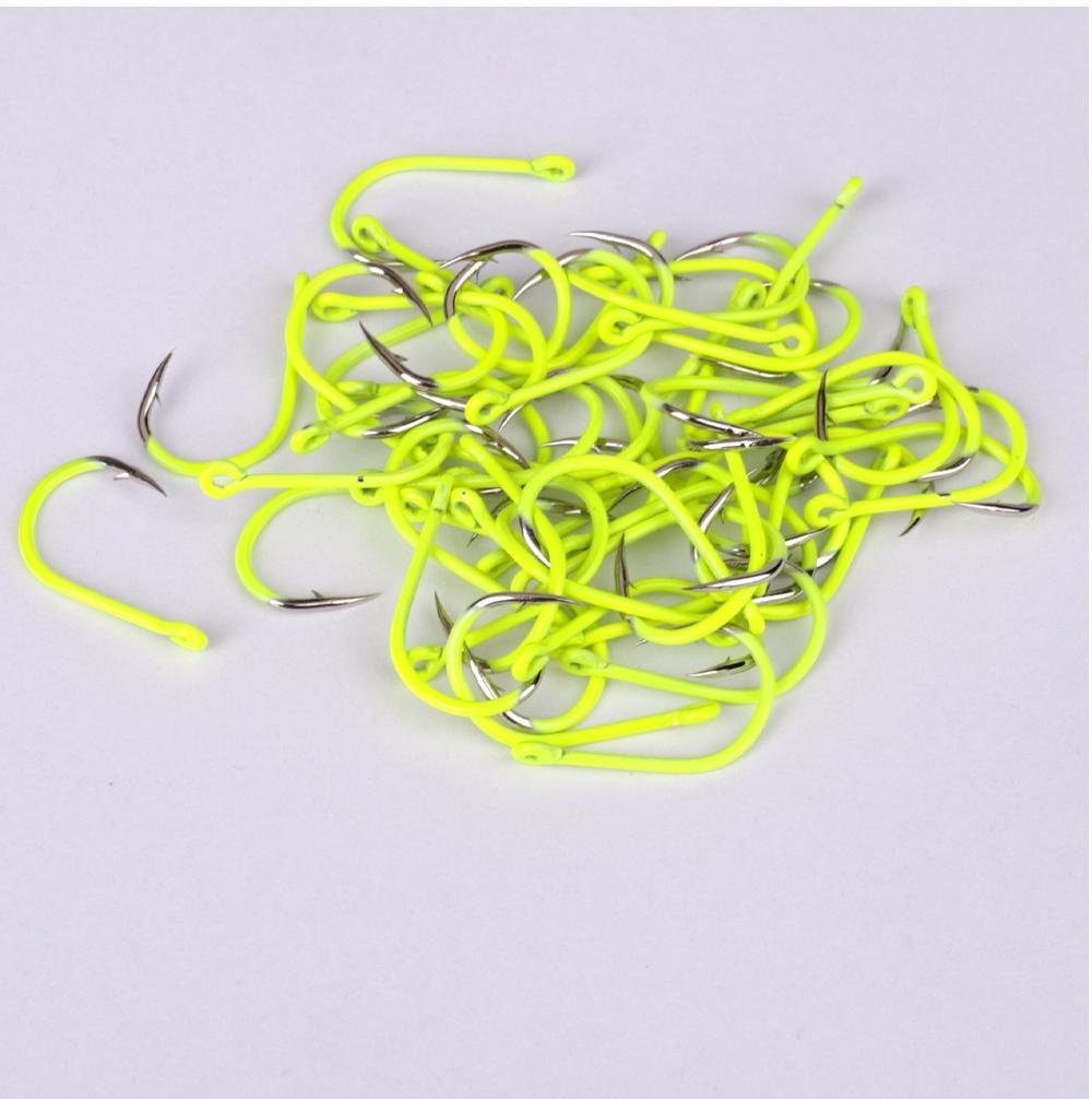 FTK Ise-ni Fishing Hooks, Fluorescent Yellow, Flattened, 50pcs, Stainless Steel, High-Carbon Steel, Barbed