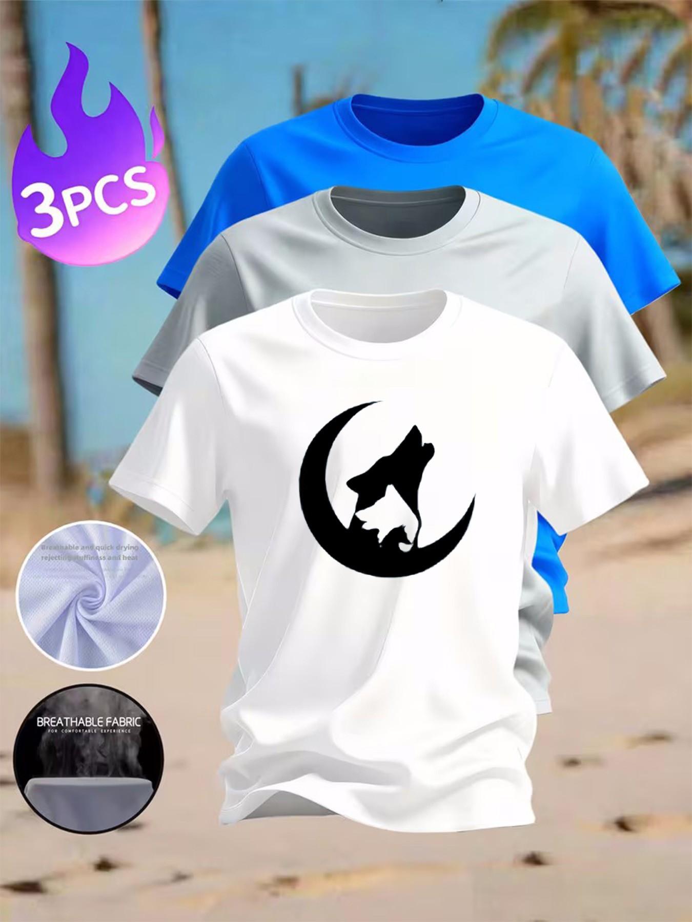 3-Pack Men's Howling Wolf & Moon Graphic T-Shirts - Casual Breathable  Tees for Outdoor & Daily Wear