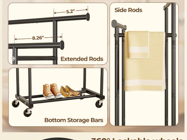 HYSEYY Rolling Clothes Rack with Wheels, Metal Garment Rack Double Rods Movable Garment Shelf ,for Hanging Clothes,Multi-functional,  Mobile Space Saving Garment Organizer  Freestanding