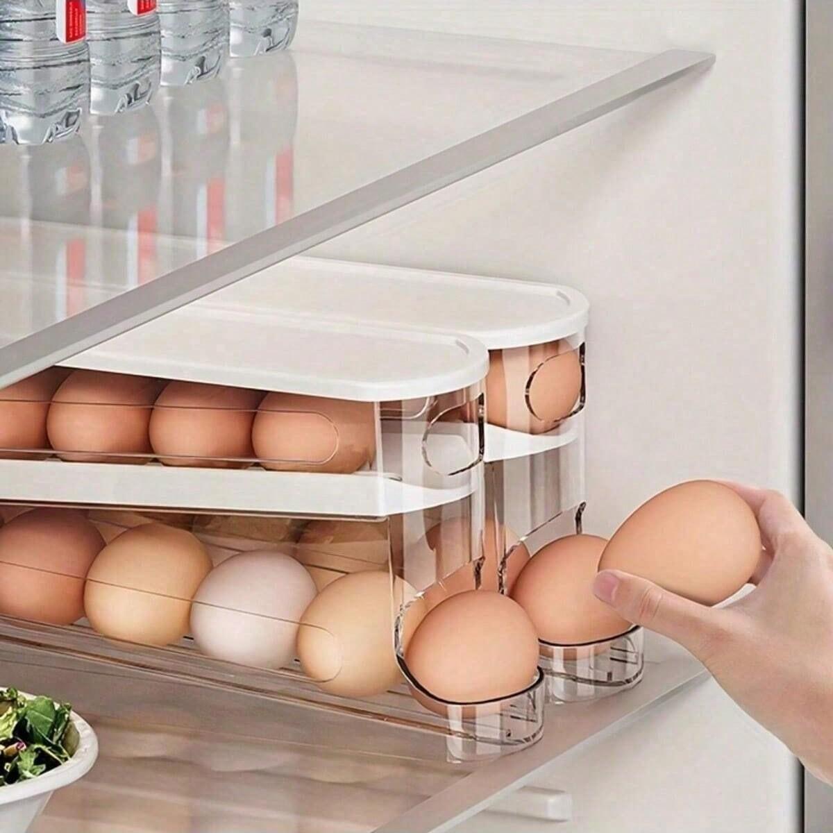 Double-Layer Refrigerator Egg Tray, Rolling Egg Dispenser, Automatic Repositioning, Transparent Plastic Storage Container, Space-Saving, Fridge Organizer, Refrigerator Accessories
