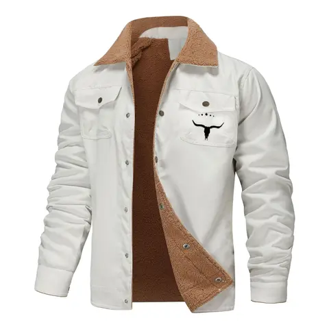 Men's Casual Minimalist Heavyweight Cotton-Polyester Jacket - Buckle Closure, Multiple Pockets, Bull Head Logo, Solid Color Autumn Winter Menswear Outerwear