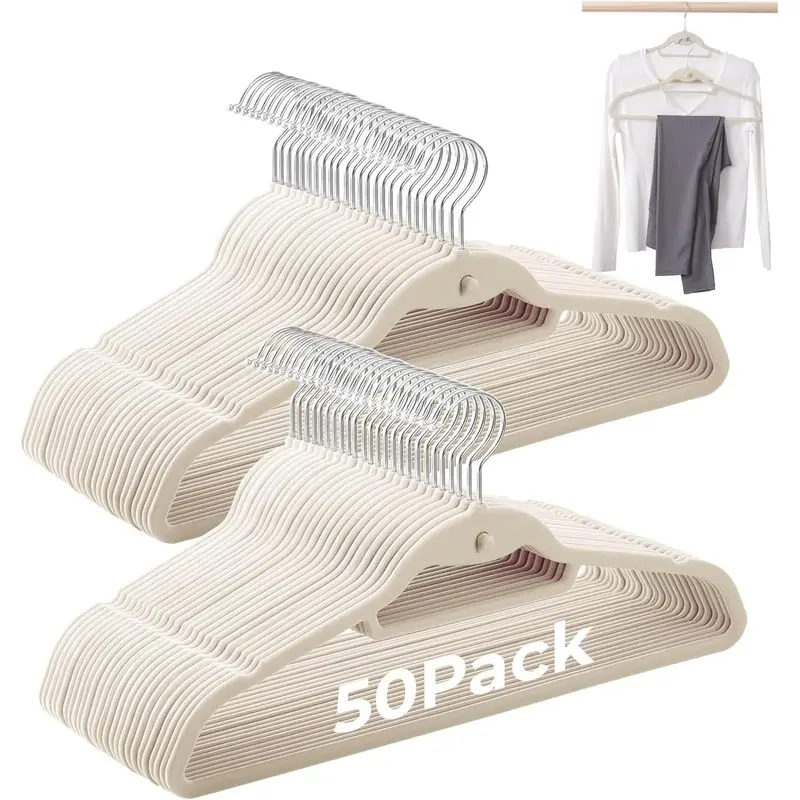 Ivory Velvet Hangers, Stackable Hanger with Non Slip Felt Fabric |   Ultra Thin and Space Saving with 360 °   Swivel Hook, 15Lbs Cascading Capacity for Clothes, Suit, Shirt, Coat (50 Pack)