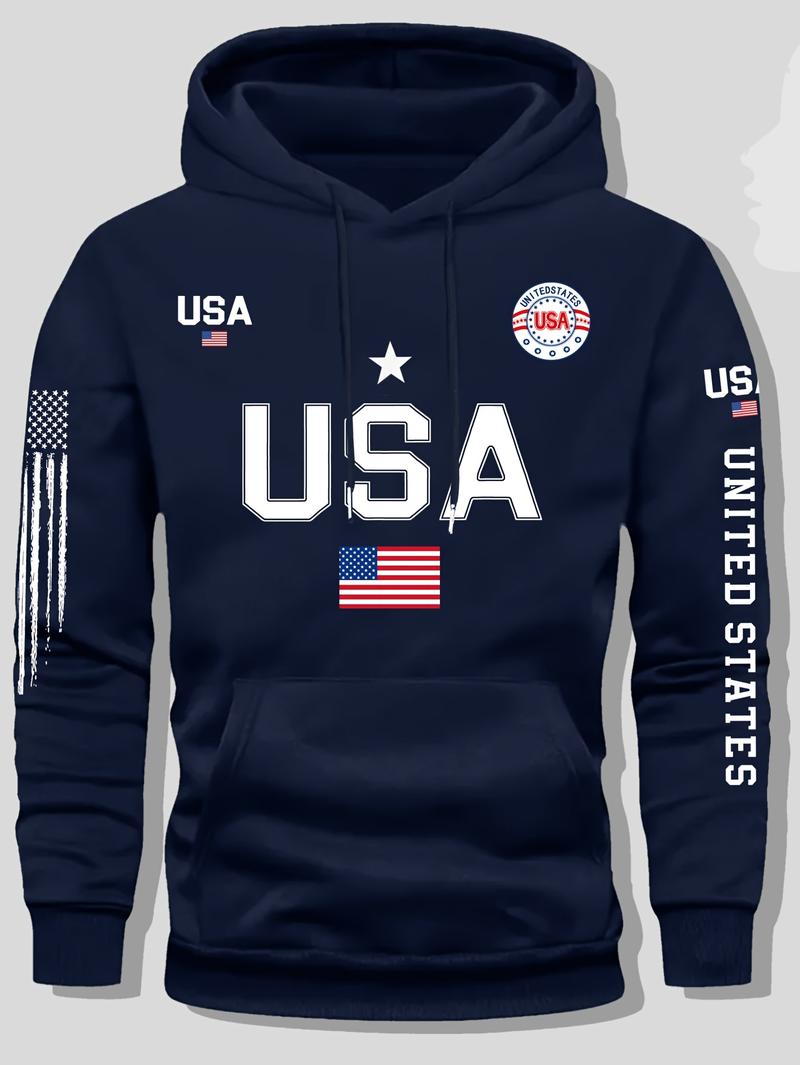 USA flag print hoodie men's fleece sweatshirt, United States letter print unisex casual knit fabric pullover for students and couples fashion hoodie for autumn and winter, 2025 spring pullover hooded sports hoodie