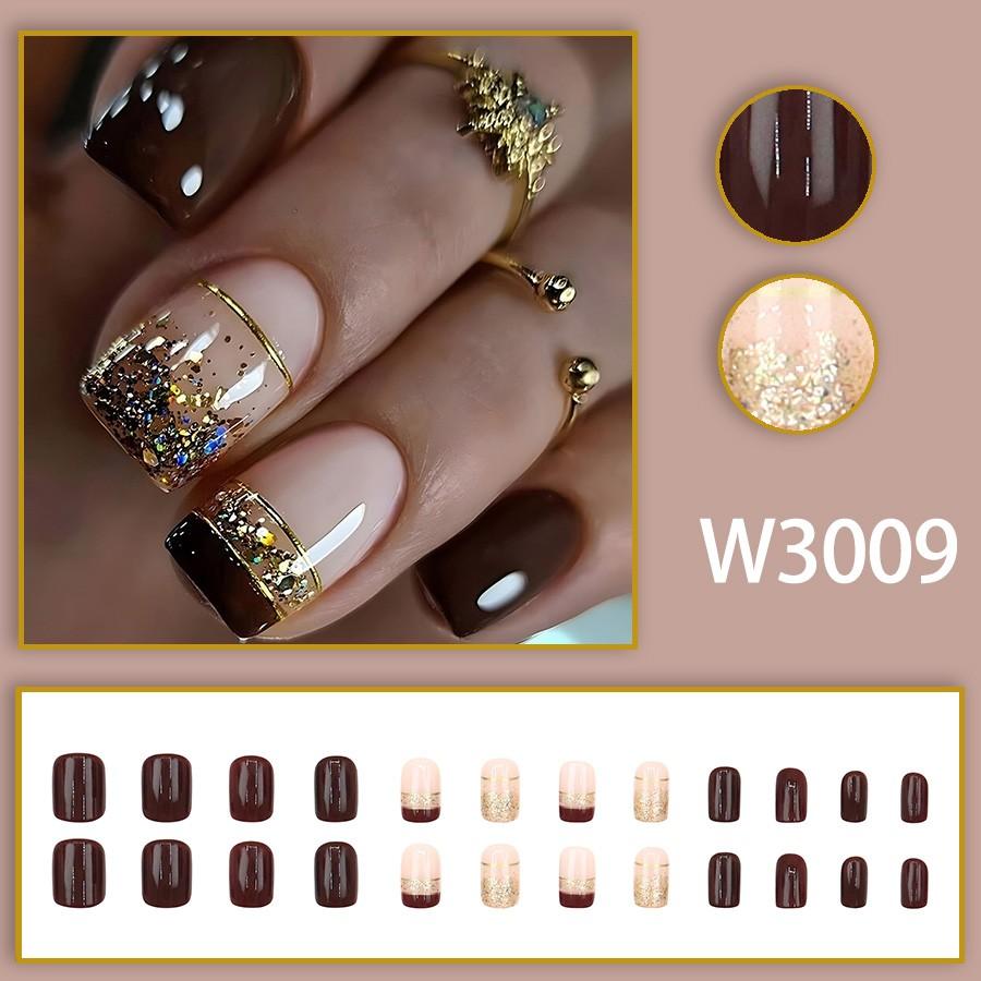 24-Piece Square Nail Art Set, Nude Color Gold Glitter Sparkle Design, Perfect for Office & Party Use, High-Quality Manicure Accessories