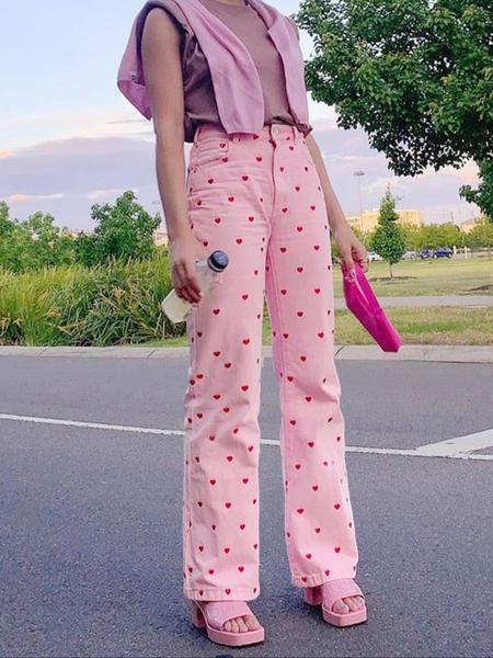 Women's Casual Loose-Fit Denim Wide Leg Pants, Boho Fashion Trousers, Heart Print Washed Jeans, All Season Comfortable for Dating & Daily Wear