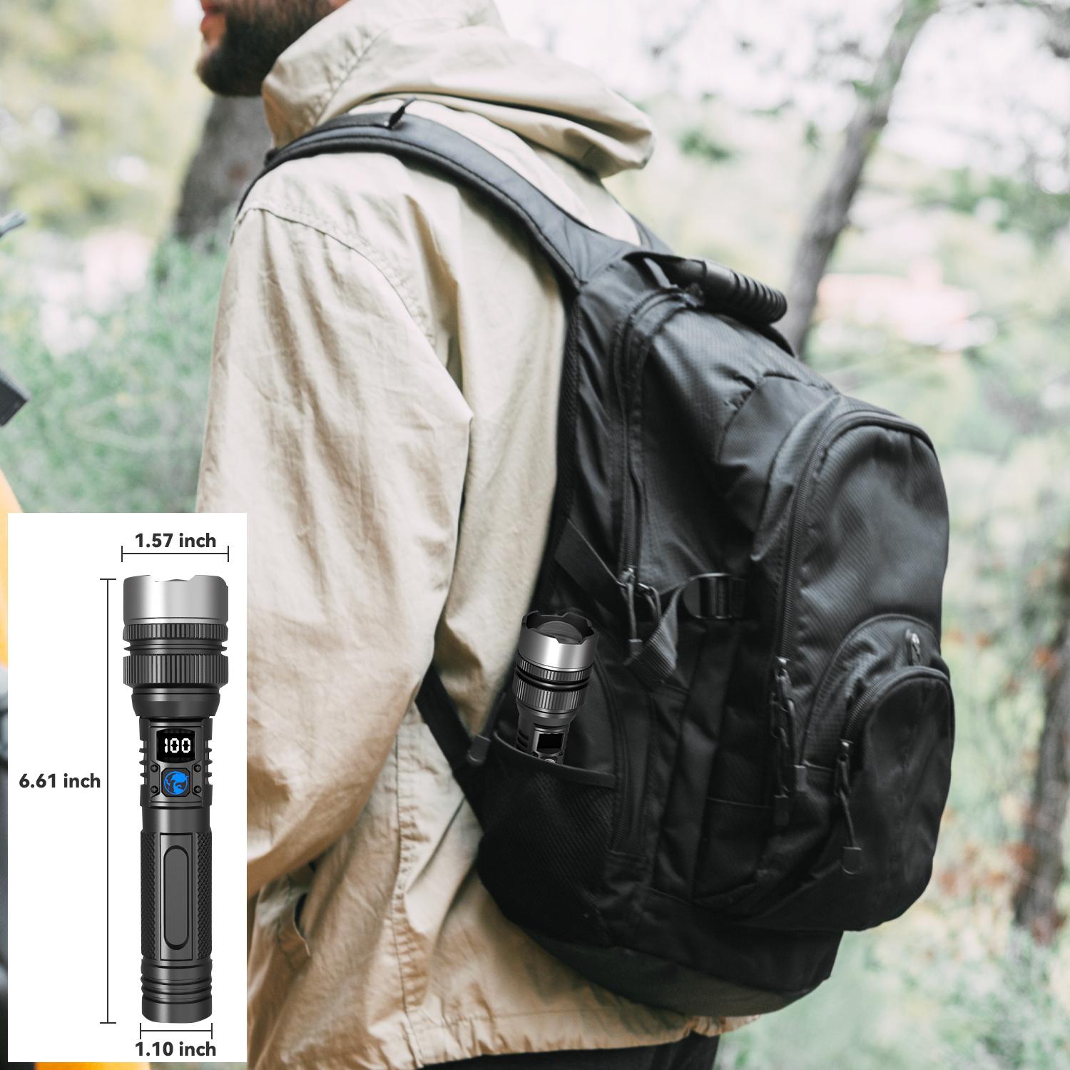 2-in-1 Rechargeable Flashlight + Power Bank,  High Lumen Super Bright, Zoomable Beam LCD Digital Power Display 3 Modes Pocket Waterproof Flashlight for Camping Hiking Home