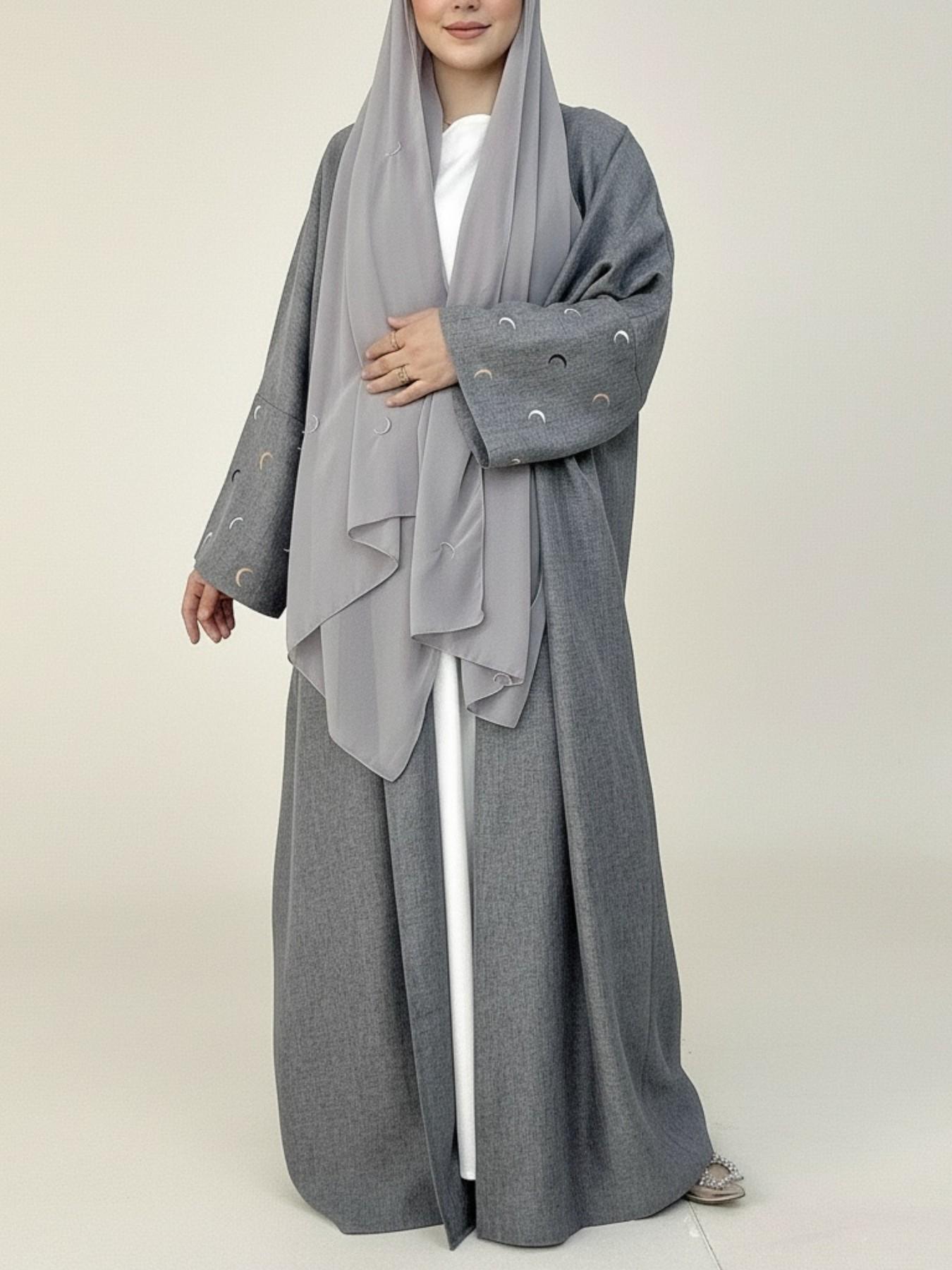 Arabic Clothing- Women's Moon Embroidery Abaya without Hijabs, Summer Outfits 2024, Modest Casual Long Sleeve Open Front Muslim Abaya, Islamic Clothing