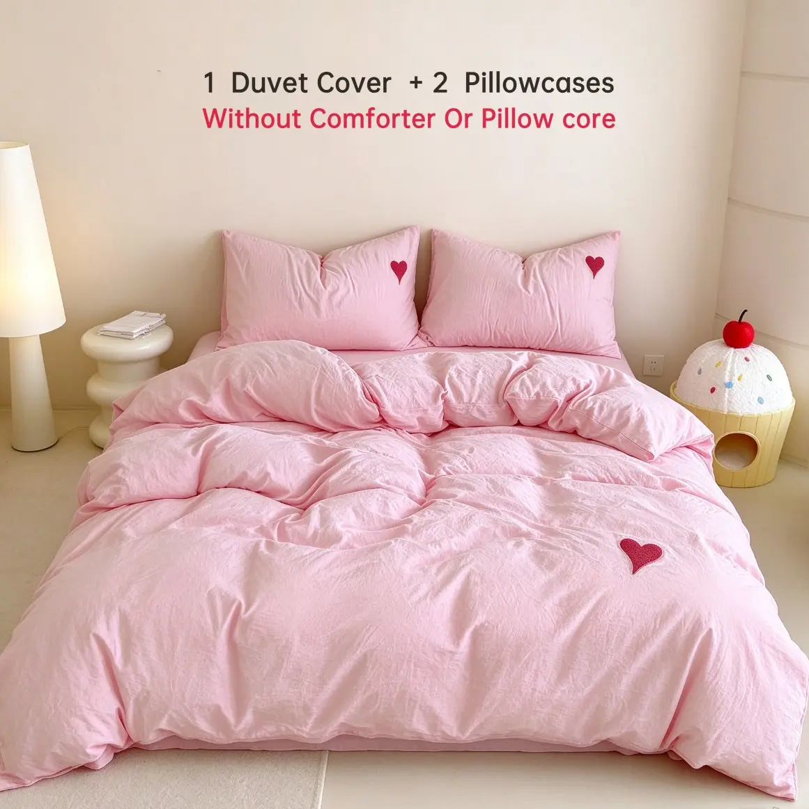 Heart Embroidered Duvet Cover Set, Cute and Classic, Teenage Style, 3-Piece Bedding Set, All Seasons, Gift Option, Embroidery Bed Set