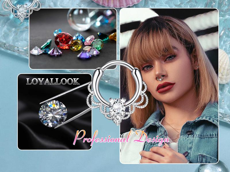 LOYALLOOK 8counts 16G Septum Clicker Ring Stainless Steel CZ Opal Cartilage Helix Tragus Hoop Daith Earrings Nose Rings Hoop Hinged Segment Clicker Ring Piercing Jewelry Accessory Conch