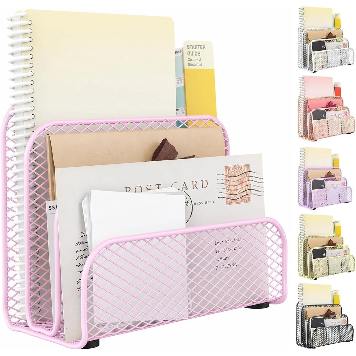 Mesh Pattern Multi-Slot Metal Desk Mail Organizer, Pink Women's Office Countertop Accessory