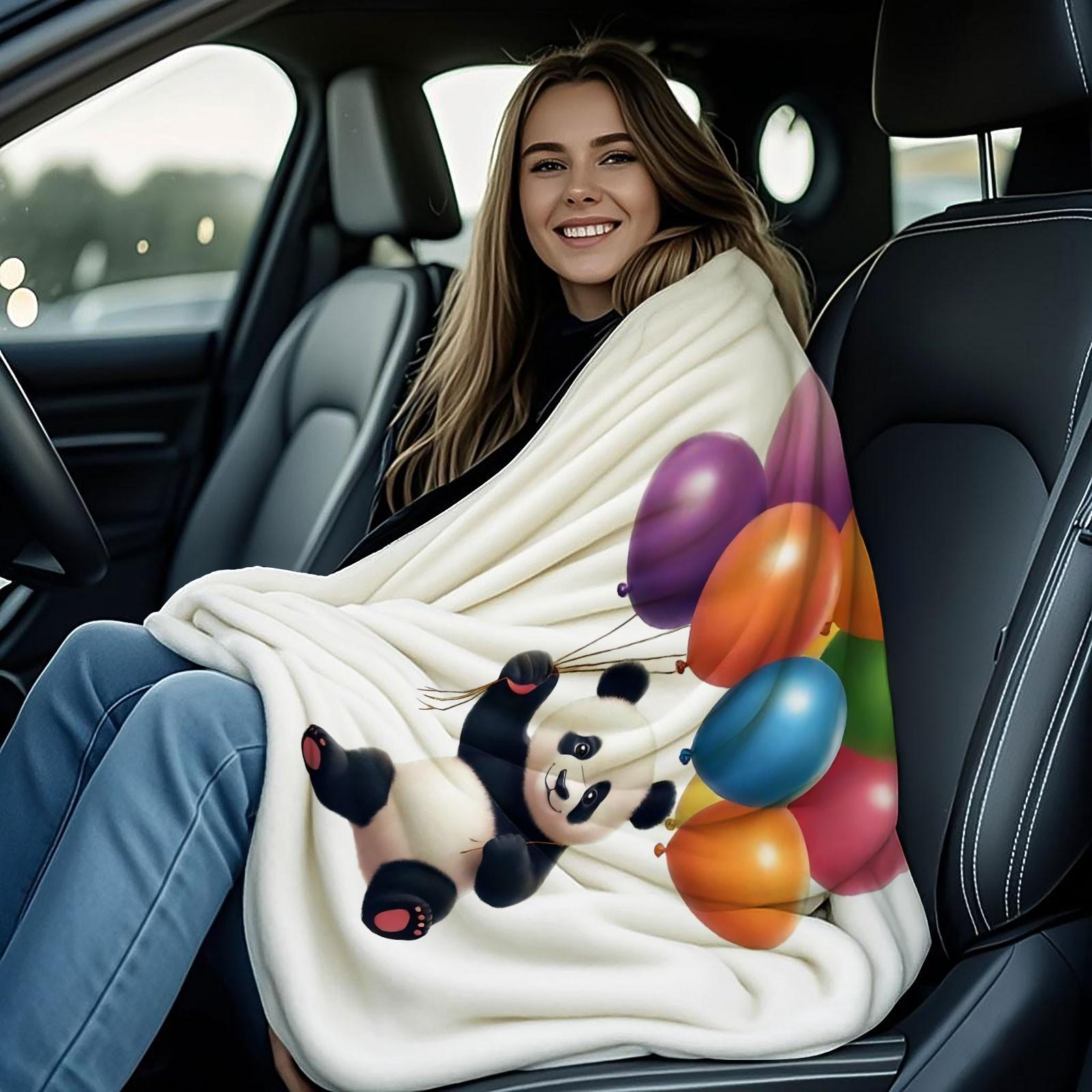 Cute Panda Holding Colorful Balloons Flannel Blanket, Fun Cartoon Animal Print Throw Blanket, Ultra Soft Cozy Warm Blanket, Cheerful Gift Blanket for Kids, Panda Lovers, Couch & Bed