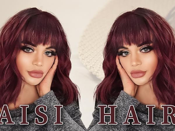 [ AISI HAIR ] Curly Bob Wig with Bangs Short Wavy Wine Red Color Wigs for Women Bob Style Synthetic Heat Resistant Bob Wigs