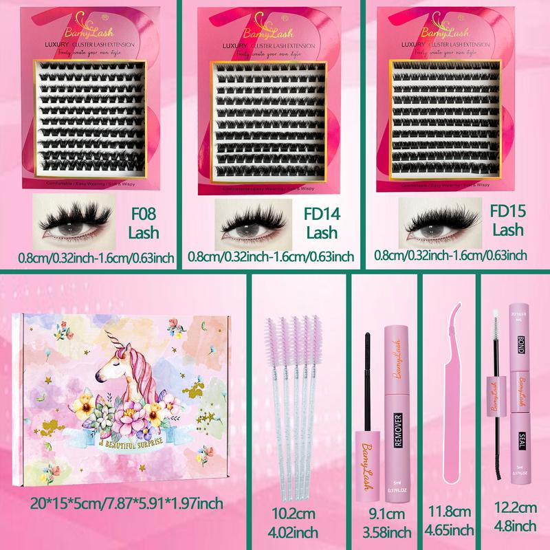 3-Box 3D Wispy Individual Cluster Lash Set, Individual Lash Extensions - Ultra-Thick Volume, Curly Mixed Lengths - DIY Lash Extension Kit with Lash Bond, Seal, Remover, Applicator & Lash Brush - Everyday Eye Makeup, Gifts for Friends