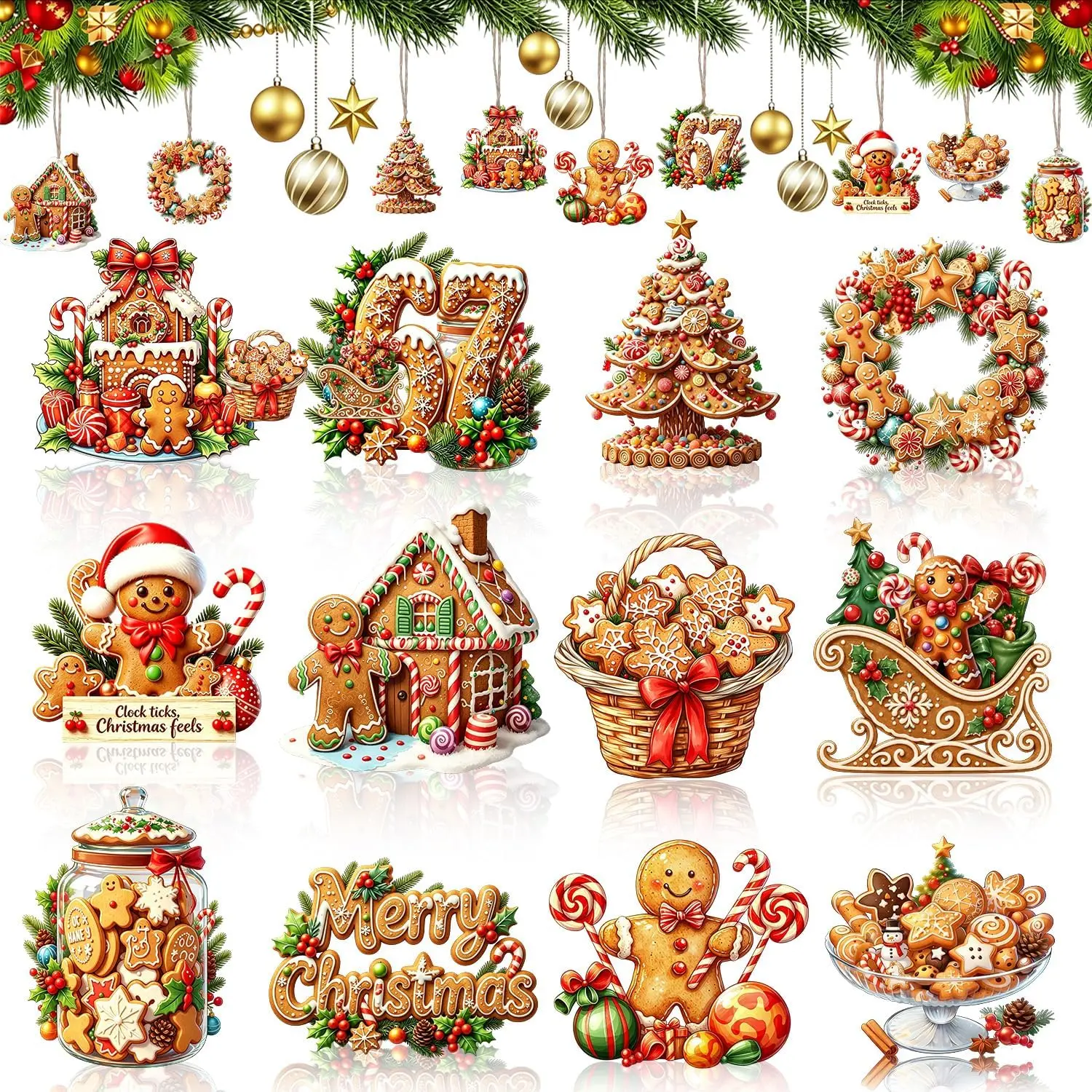 12 count Christmas  Ornaments Cute Gingerbread Wooden Ornaments Set Xmas Tree Garland Candy Canes Design Ornament for Tree Funny 67 Merry Christmas Tree Decorations for Winter Holiday Party
