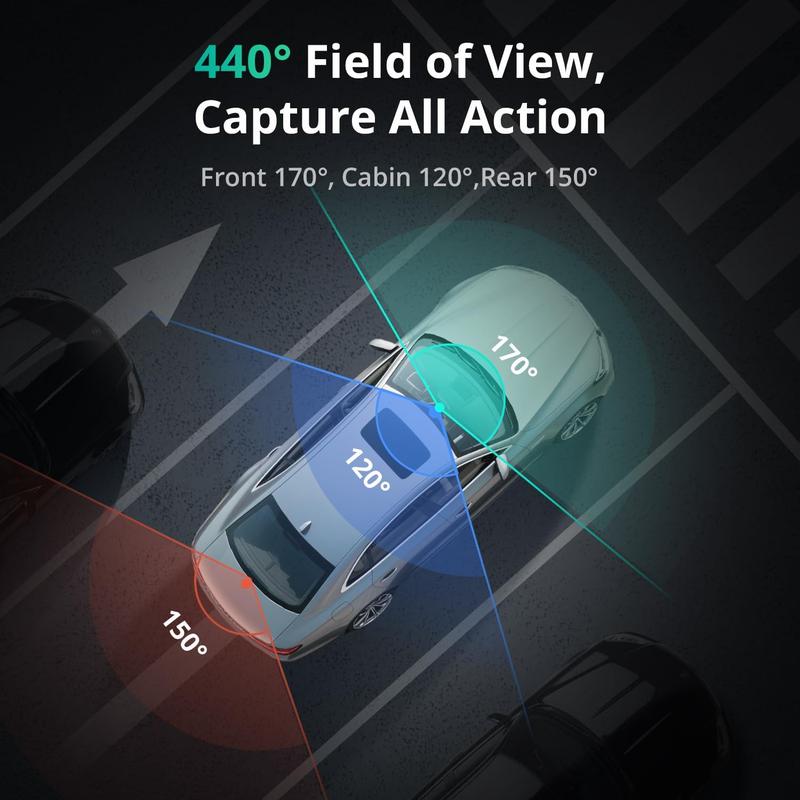 Botslab 4K 3 Channel Dash Cam with 3.18" Touch Screen Night Vision GPS WiFi Voice Control 24/7 Parking Mode 128GB Card