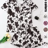 【Biack Friday】Women's Cow Print Notched Neck Crop Shirt & Shorts Pajama Two-piece Set, Elegant Comfy Short Sleeve Top & Shorts PJ Set, Ladies Sleepwear for All Seasons #GLOBAL PICKS