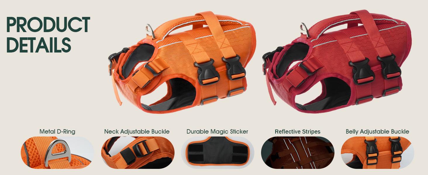 Kuoser Dog Life Jacket High Buoyancy, Reflective Dog Life Vest for Swimming Boating, Adjustable Small Medium Large Dog lifejacket, Lightweight Dog Life Preserver Rescue Handle Spring Summer Pool