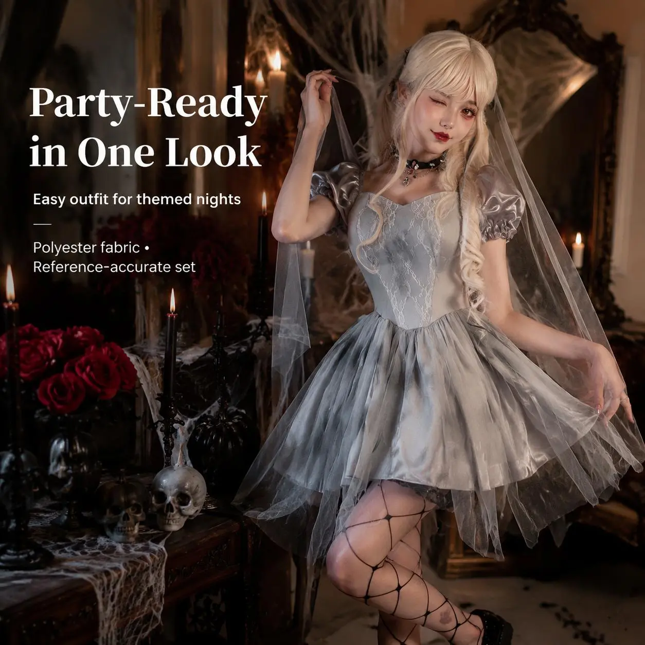 Women Ghost Bride Costume Gray Tulle Short Dress With Veil Gothic Zombie Bride Outfit Adult Halloween Cosplay Fancy Dress Party Suit