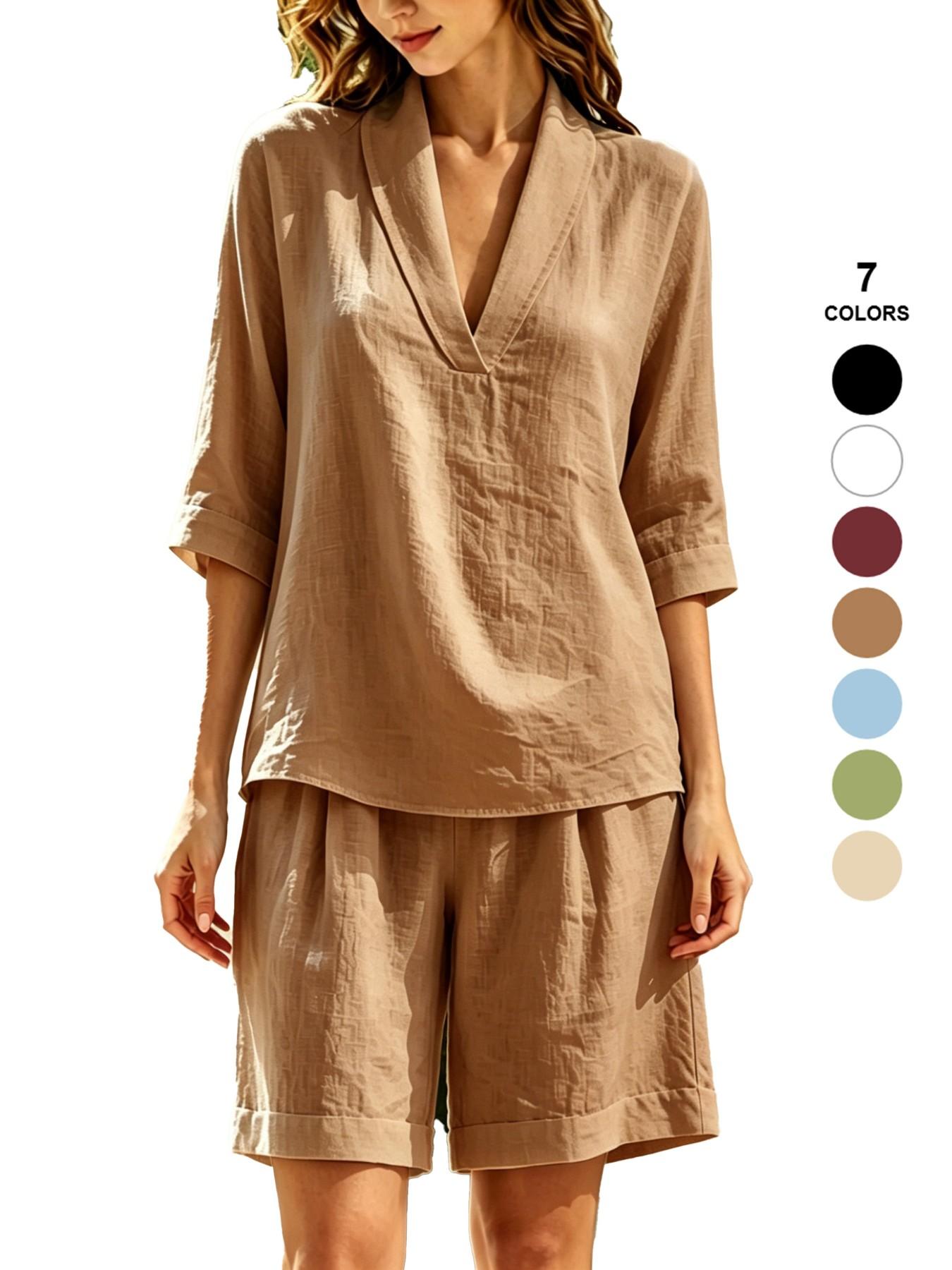 Spring Summer Women's Two-Piece Set, Sexy V-Neck Baggy Short Sleeve T-Shirt Top, Wide Leg Shorts, Beach and Vacation Casual Fashion Loungewear Clothes
