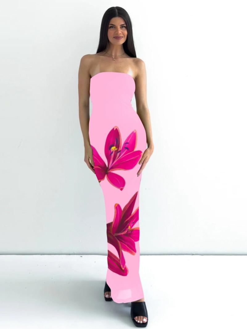 Women's Floral Print Backless Bodycon Tube Dress, Elegant Strapless Tie Back Dress for Party Club Dating Wear, Ladies Summer Clothes