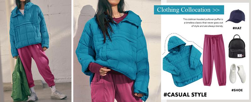 FMEYOA Womens Oversized Puffer Jacket Quilted Dolman Hoodies Pullover Long Sleeve Lightweight Warm Tops Coat