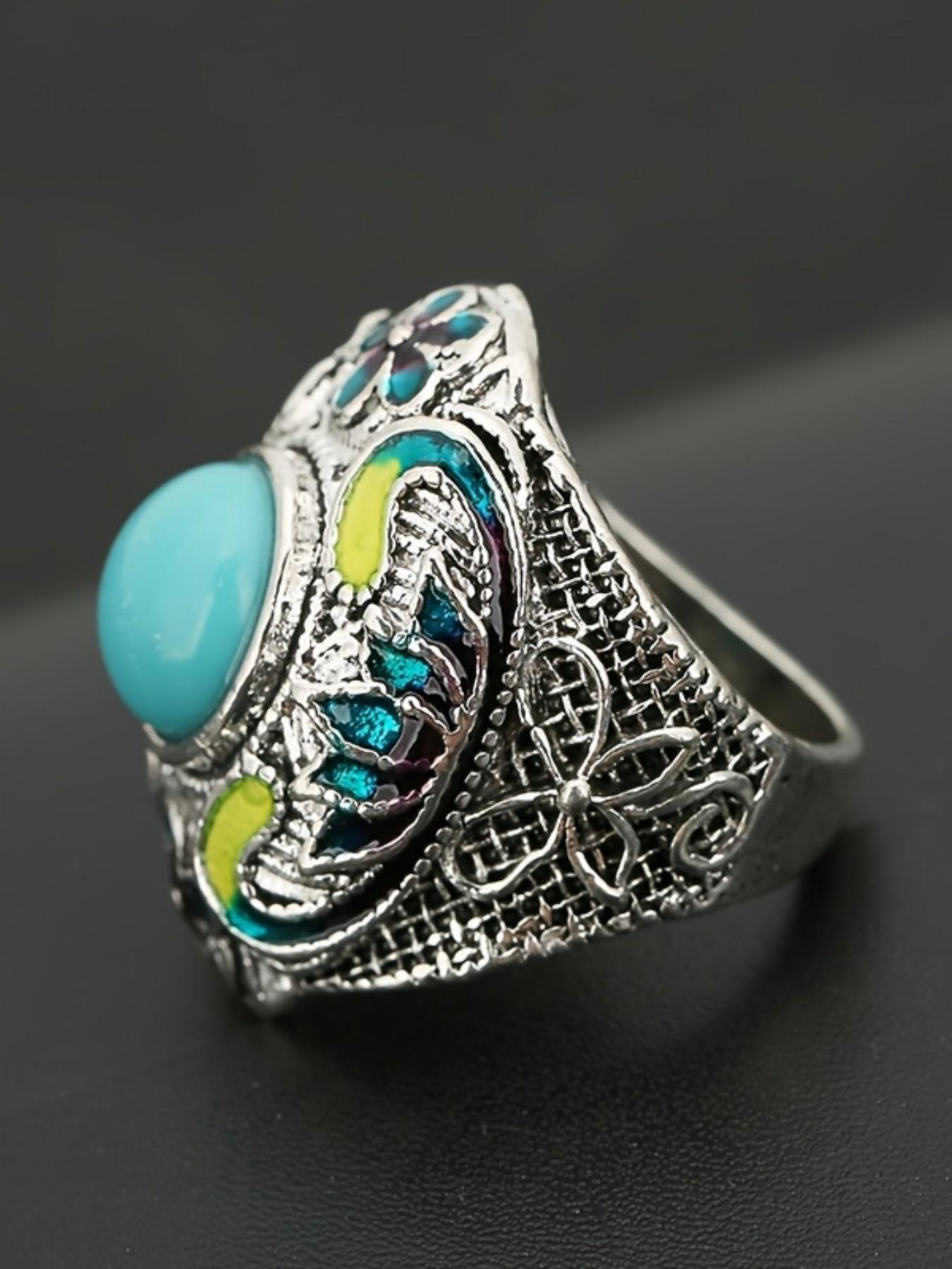 Women's Vintage Elegant Floral Texture Turquoise Ring, Wedding Engagement Party Jewelry Gift, 1pcs Fashion Accessory