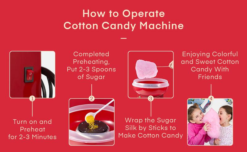 FOHERE Cotton Candy Machine,  Home Candy Maker with a Scoop and 10 Sricks for Kid Fun, Family Parties, Chrismas Gift, Red Vintage, Easy to Operate & Clean